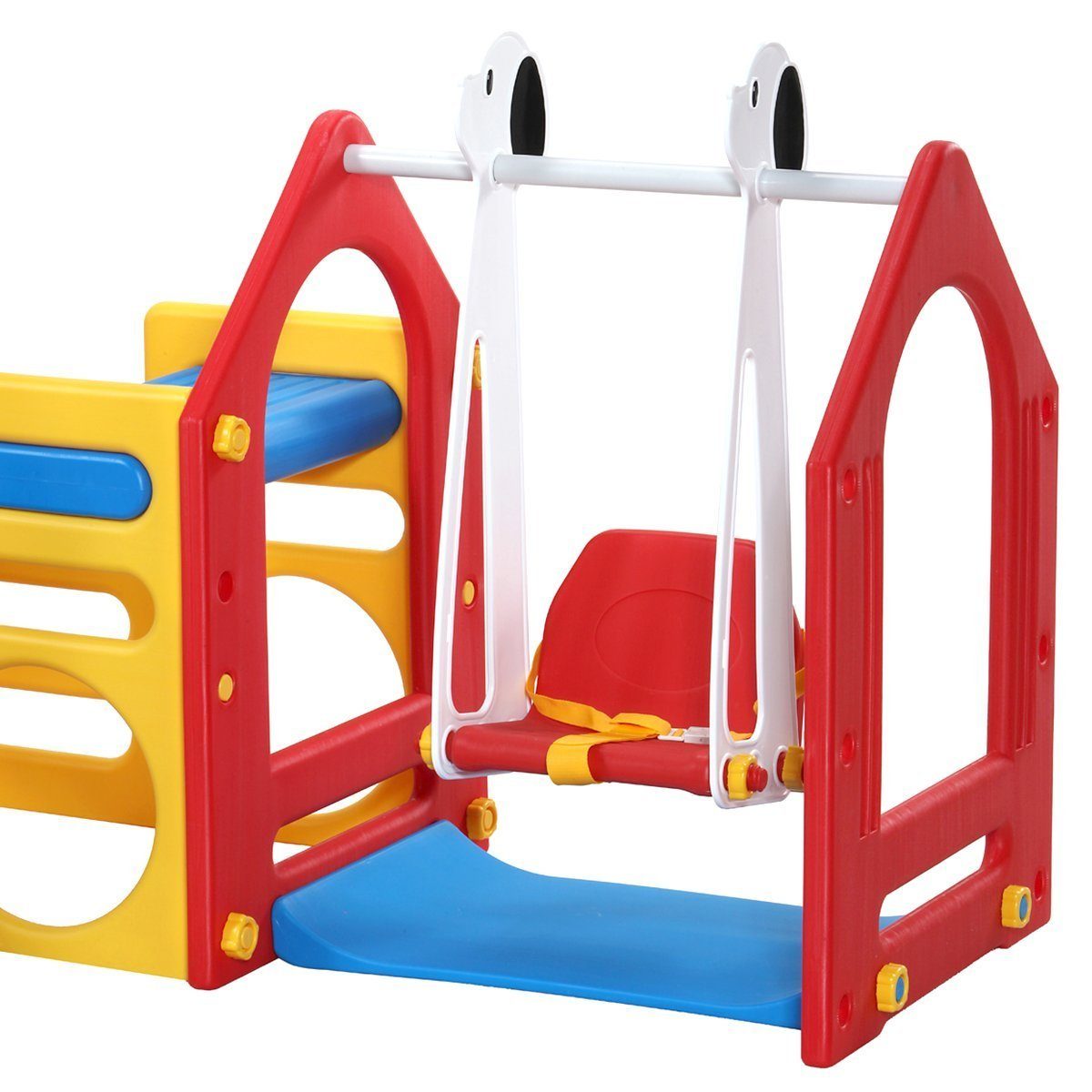 LittleTom Rutsche Kinder Spielhaus mit Rutsche Schaukel Spiel-Turm, 155x135cm Rot Gelb Blau