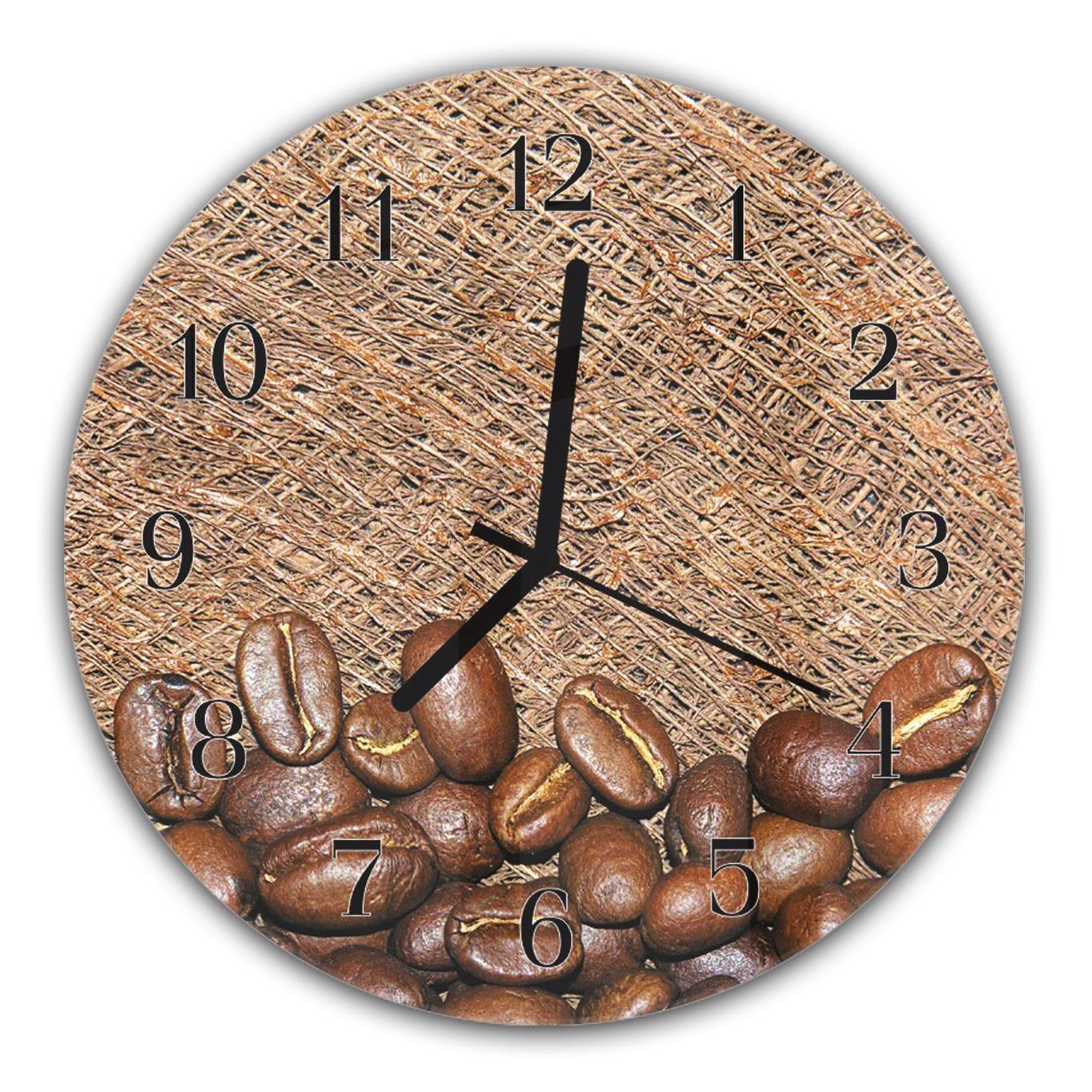 Motiv 30 Wanduhr cm Quarzuhrwerk Kaffeeleinwand Rund und mit Primedeco - mit Glas aus Wanduhr Durchmesser