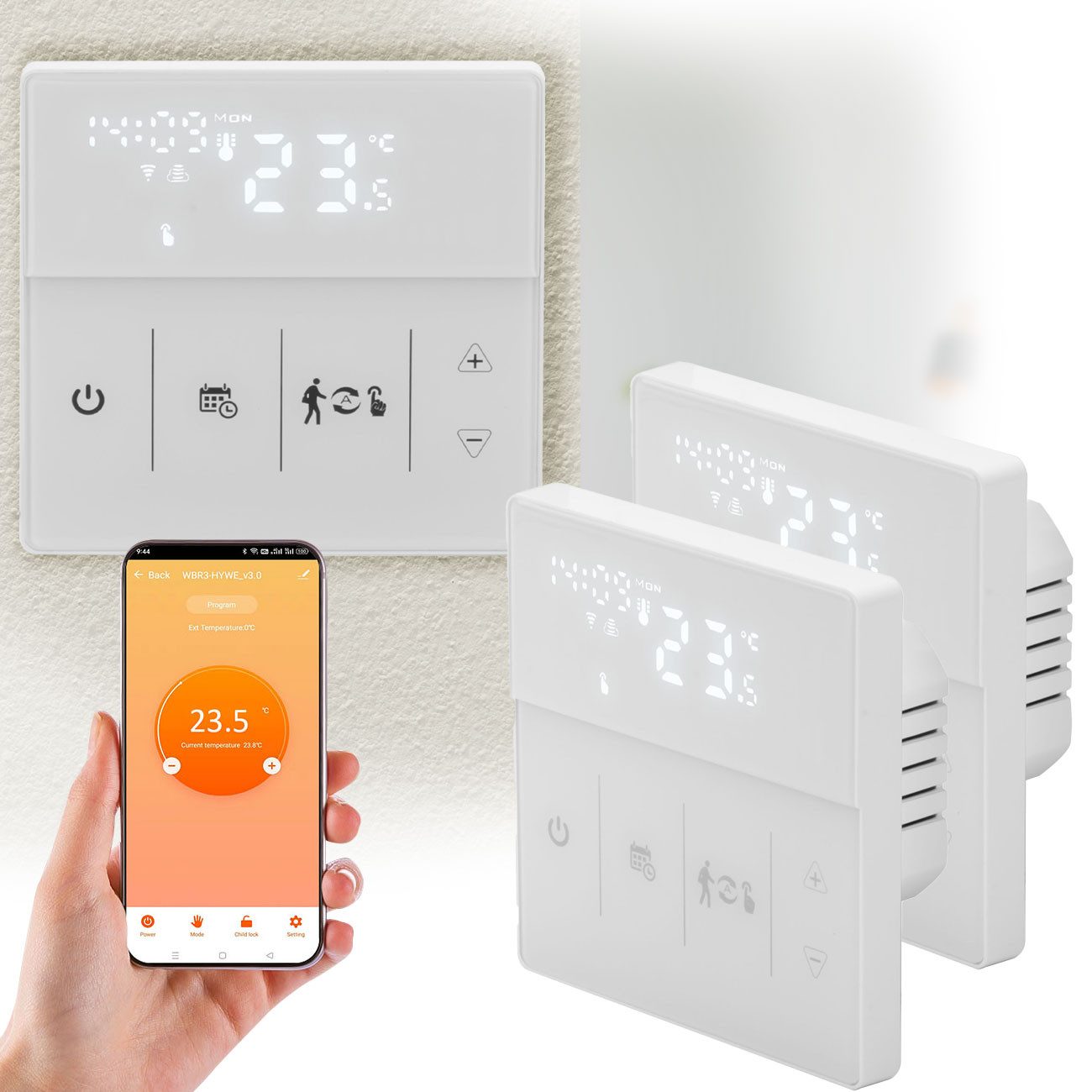 Casativo Raumthermostat WLAN Thermostat Touchscreen-Display für Fußbodenheizung programmierbar, Netzbetrieb, (2-St., 1er-Set & 2er-Set & 4er-Set), App & Sprachsteuerung/3 Programm-Modi/Frostschutz-Automatik
