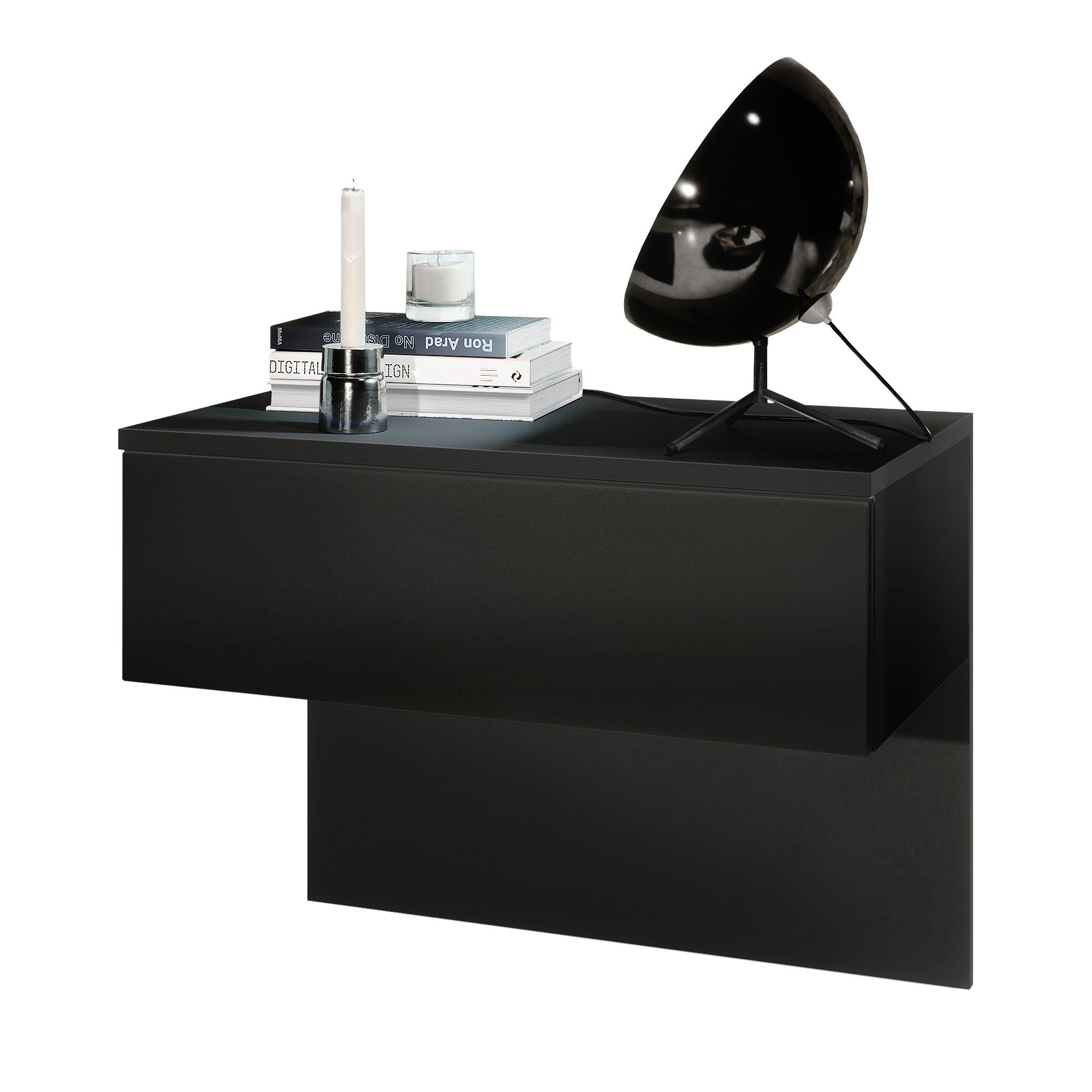 Vladon Nachttisch Sleep (Nachttischschrank, mit Schublade zur Wandmontage), Schwarz matt (60 x 46 x 35 cm)