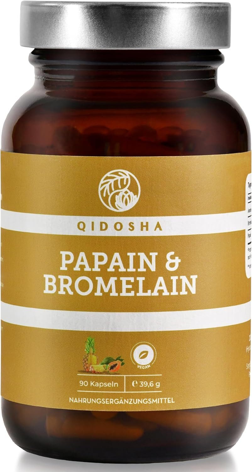QIDOSHA Papain & Bromelain im Glas - magensaftresistente Kapseln, höchste Enzymaktivität von 6194 USP (Papain), Papain Enzym aus der Papaya, Bromelain aus der Ananas à 90 St., 40 g