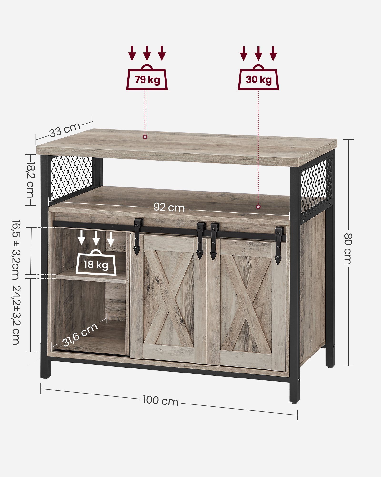 VASAGLE Sideboard Küchenschrank, Aufbewahrungsschrank, mit 2 Schiebetüren, 33 x 100 x 80 cm, verstellbare Ablagen