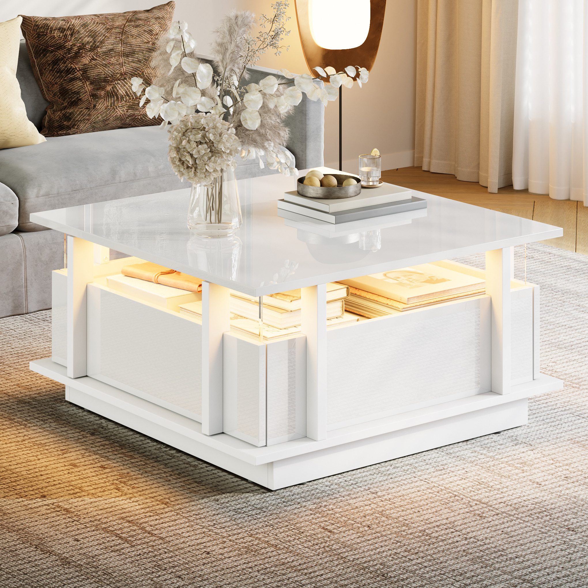 Merax Couchtisch hochglanz Sofatisch Beistelltisch mit LED-Beleuchtung (70×70×35cm, 1-St), Wohnzimmertisch mit 2 Schubladen & Transparente Acryl-Trennwand – Bild 2 von 5