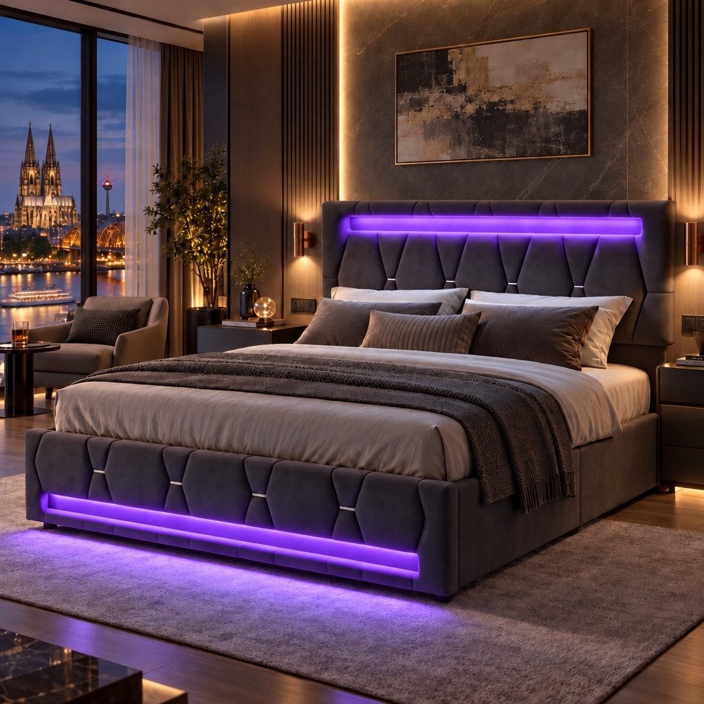 PXloue Polsterbett Doppelbett Stauraumbett mit bettkasten, mit Lattenrost und 4 Schubladen, LED-Beleuchtung, 160x200 cm
