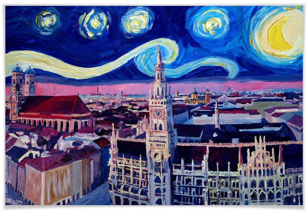 Wall-Art Poster van Gogh Stil München bei Nacht, Stadt (1 St), Poster, Wandbild, Bild, Wandposter