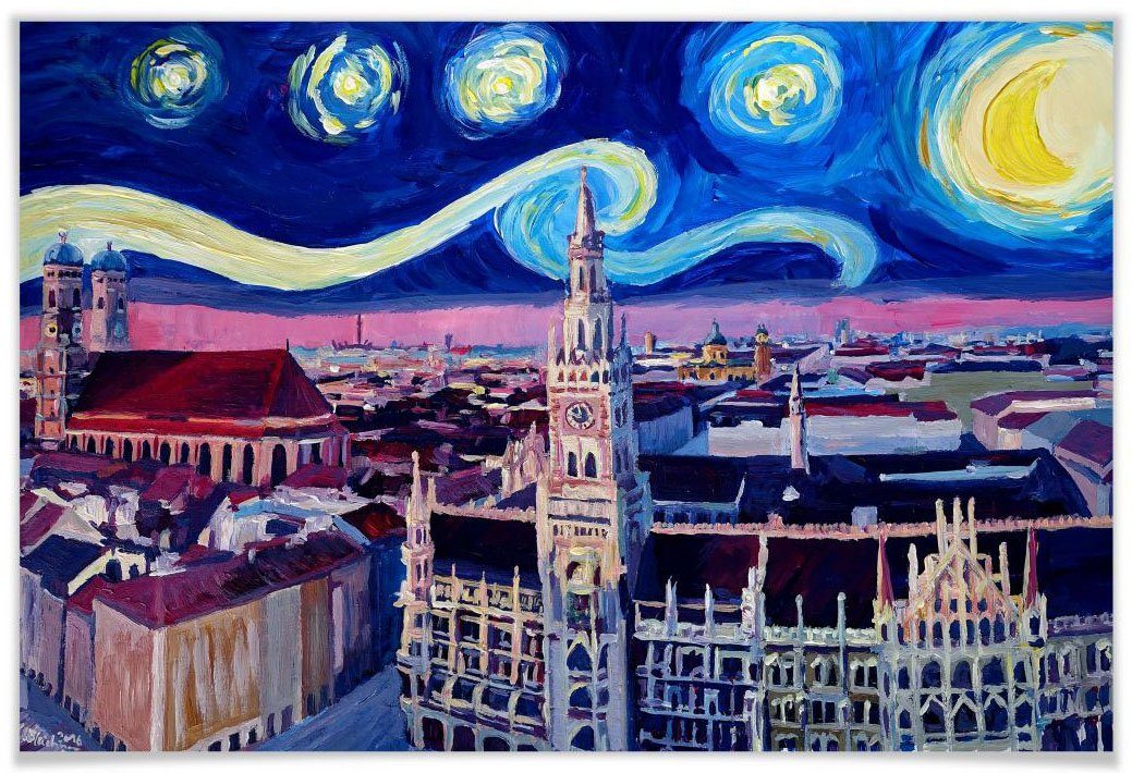 Wall-Art Poster van Gogh Stil München bei Nacht, Stadt (1 St), Poster,  Wandbild, Bild, Wandposter