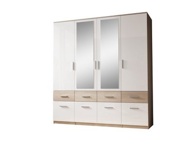 möbelando Kleiderschrank in Sonoma Eiche / Weiß mit 8 Schubladen und 4 Türen (BxHxT: 180x198x55 cm)