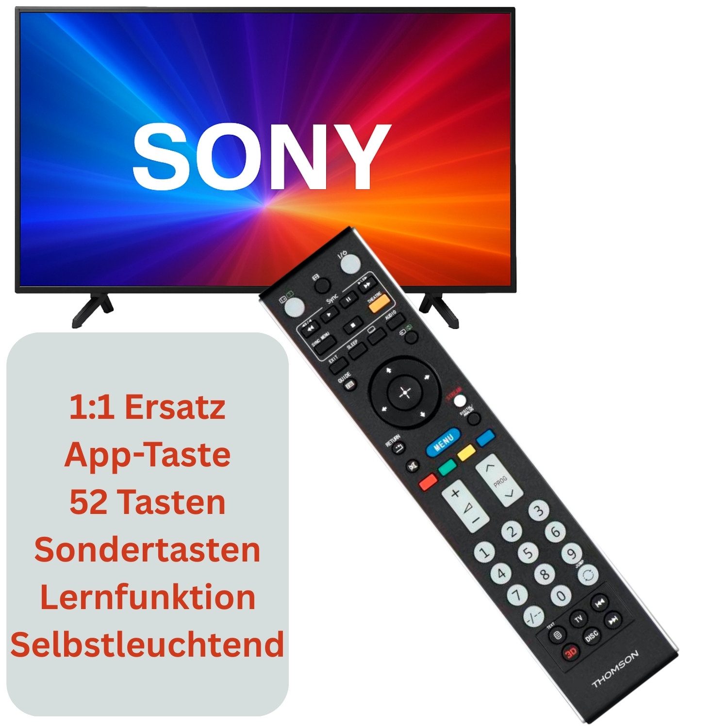 Thomson ROC1128SON Ersatz Fernbedienung für Sony TVs Universal-Smart-TV-Fernbedienung (1-in-1, Remote Control für Sony Bravia Smart TV LED OLED Netflix Streaming App)