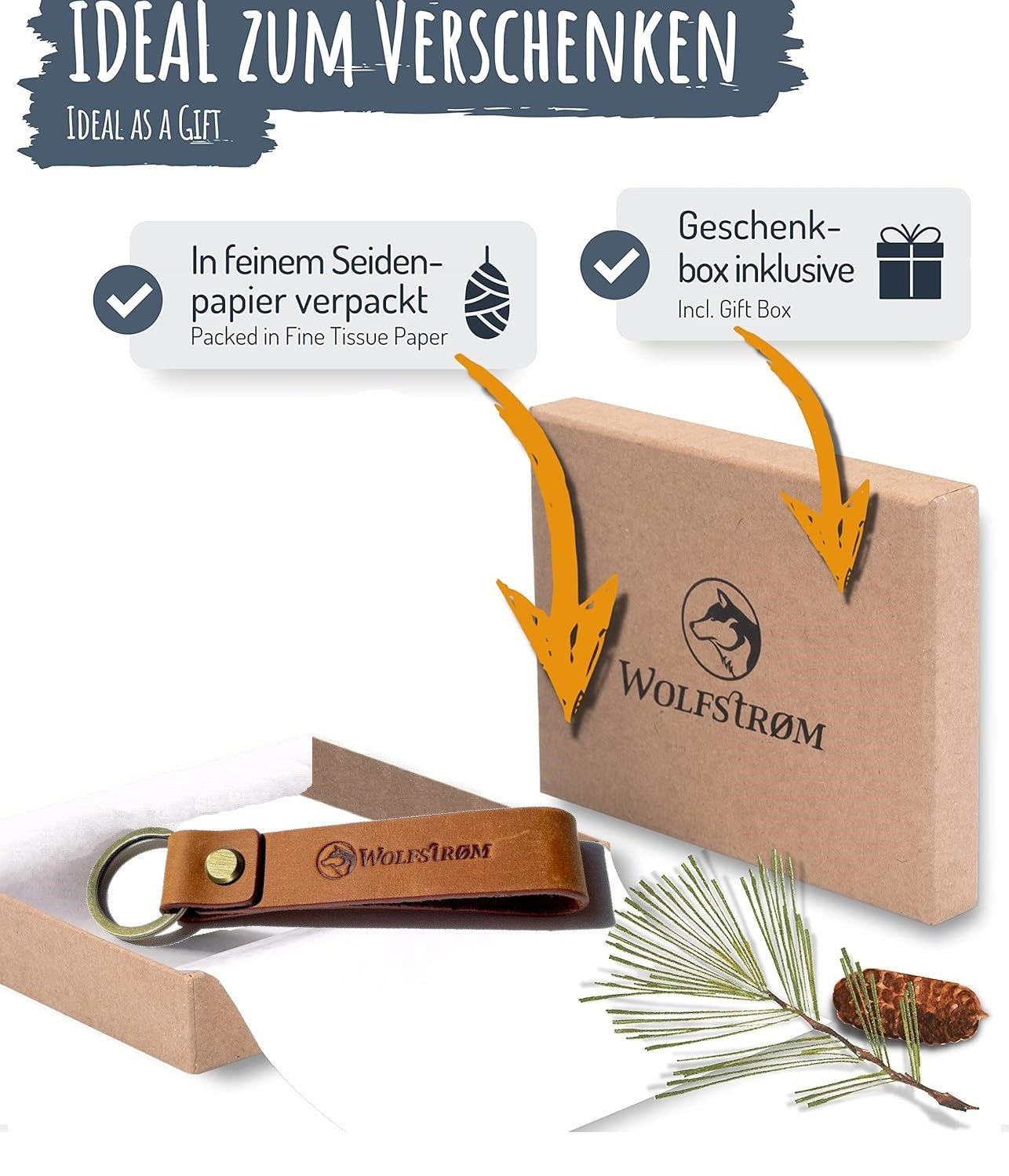 Wolfstrøm Schlüsselanhänger Echt-Leder mini - 'Keyla' - 12 cm (inkl. Geschenkbox, Design in Germany), Stabiler Schlüsselring, Echt-Leder
