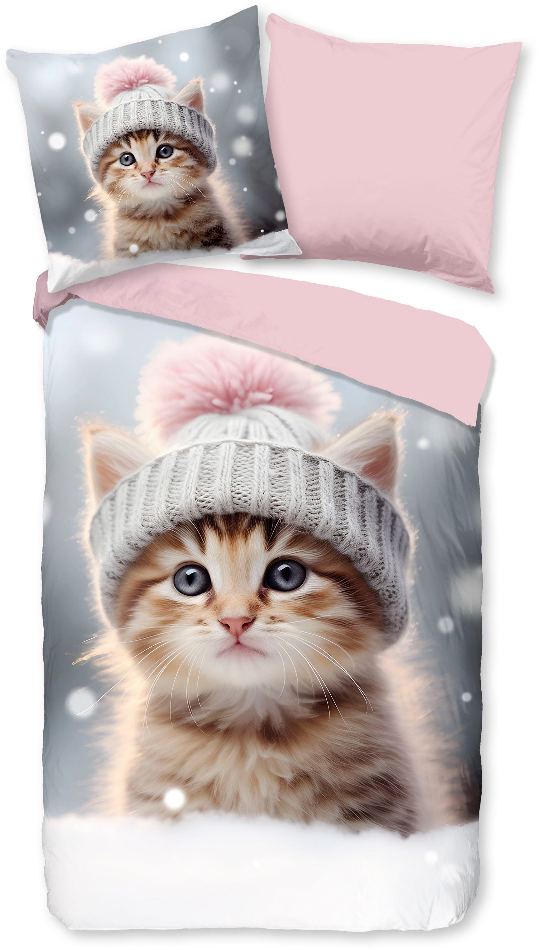 good morning Kinderbettwäsche Patt, Biber, Flanell, 2 teilig, Flanell, Biber, 135x200, Warm, Wende, Kind, Mädchen, Katze, Rosa, Grau