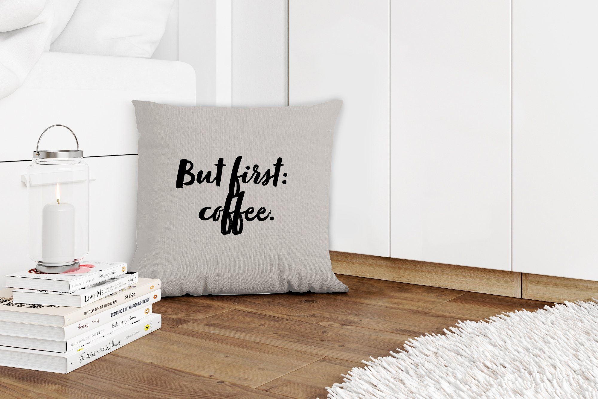 MuchoWow Dekokissen Kaffee - Koffein Schlafzimmer, Sprichwörter Wohzimmer, zuerst: Füllung Sofakissen Zitate, mit - Aber - Zierkissen für Deko, - Kaffee