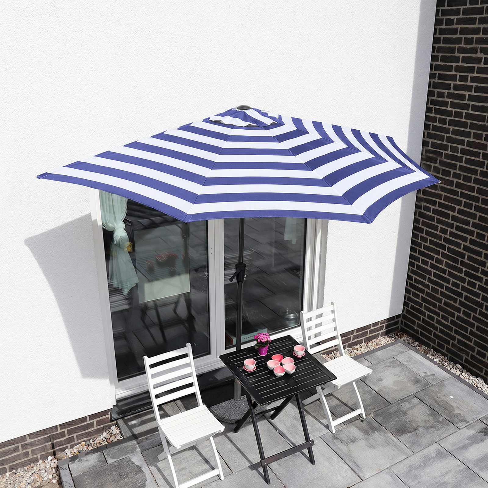 Sekey Sonnenschirm 270 cm Sonnenschirm Streifen Halbrund Terrassenschirm mit Kurbel, Halbrundschirm für Balkon, Garten, Hof, Restaurant, Café, Biergarten