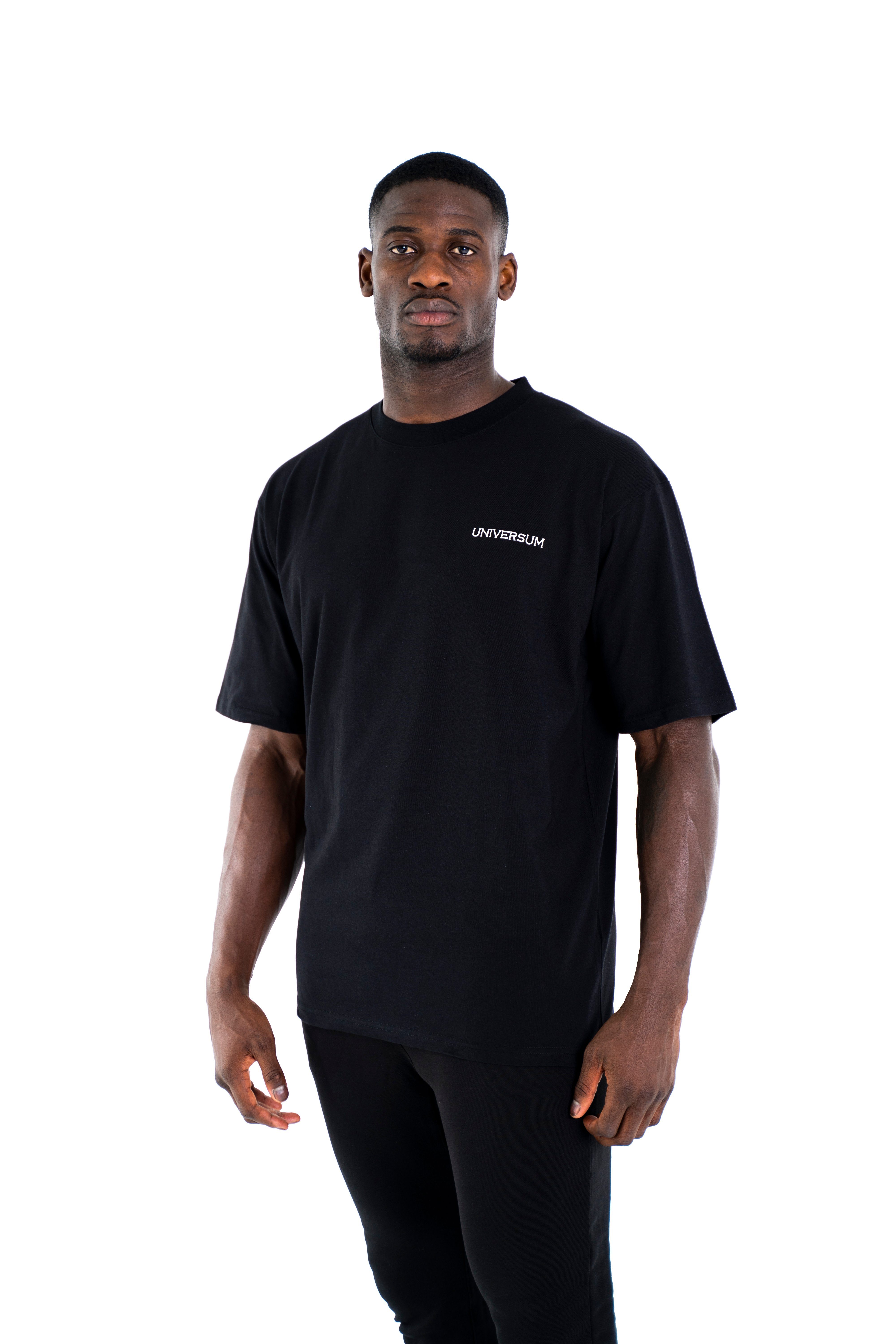 Shirt, Cotton Sportwear Oversize 100% Universum T-Shirt Rundhalsausschnitt, T-Shirt Baumwoll C-Neck Modern Schwarz