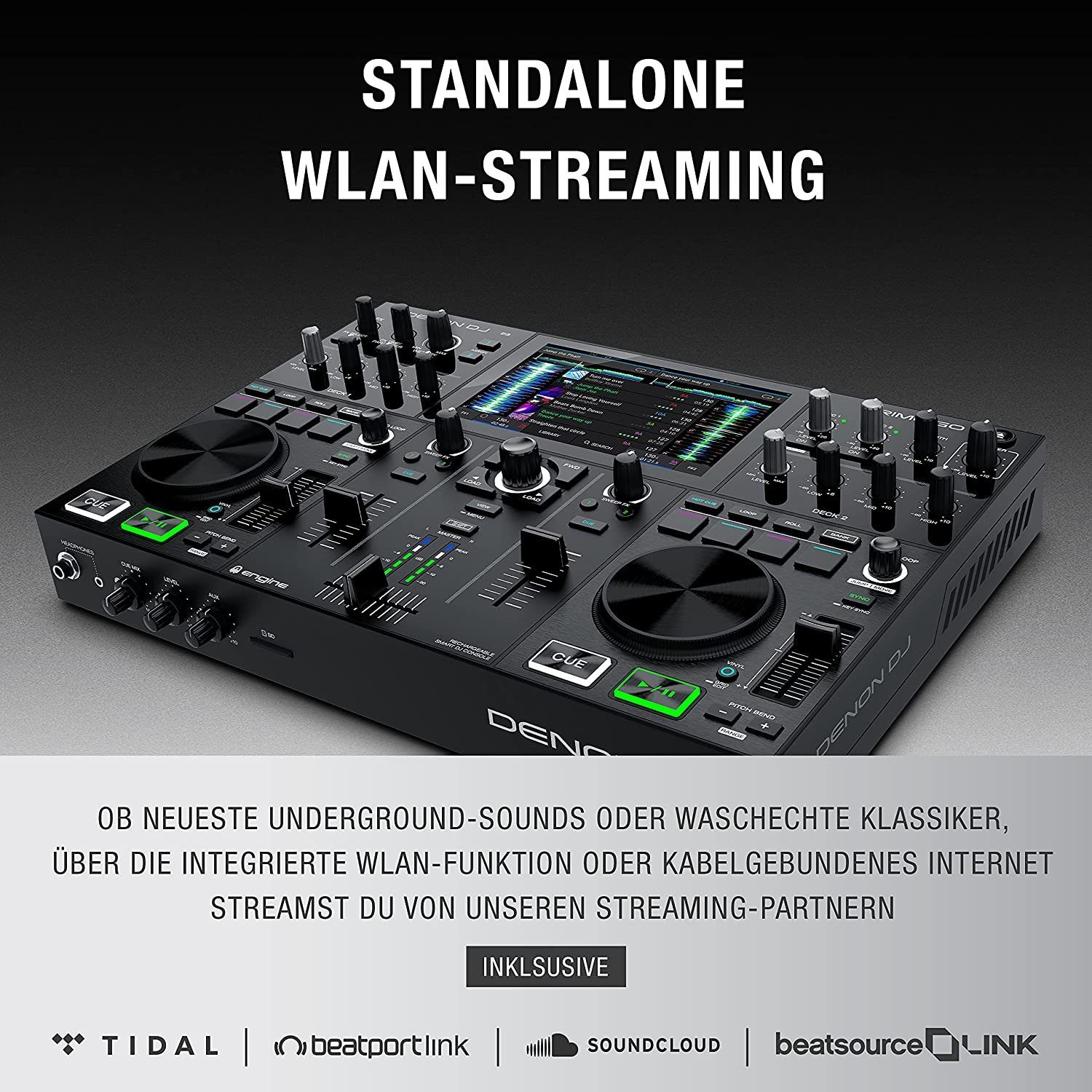 Denon DJ Controller DJ PRIME GO DJ-System - mit zwei Decks, 7“ Touchscreen, Effekteinheit
