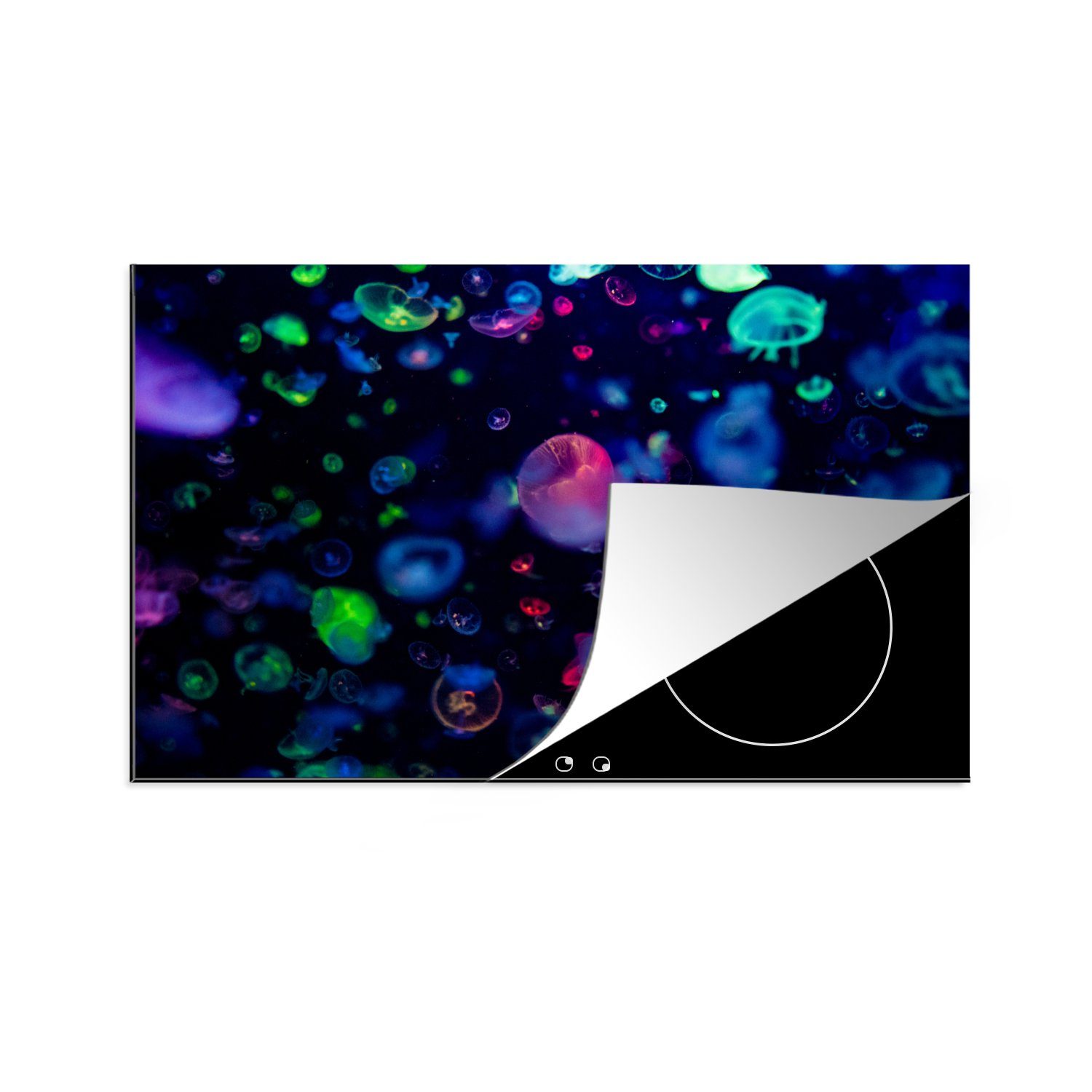 MuchoWow Herdblende-/Abdeckplatte Quallen im Neonlicht in einem Aquarium, Vinyl, (1 tlg), 81x52 cm, Induktionskochfeld Schutz für die küche, Ceranfeldabdeckung
