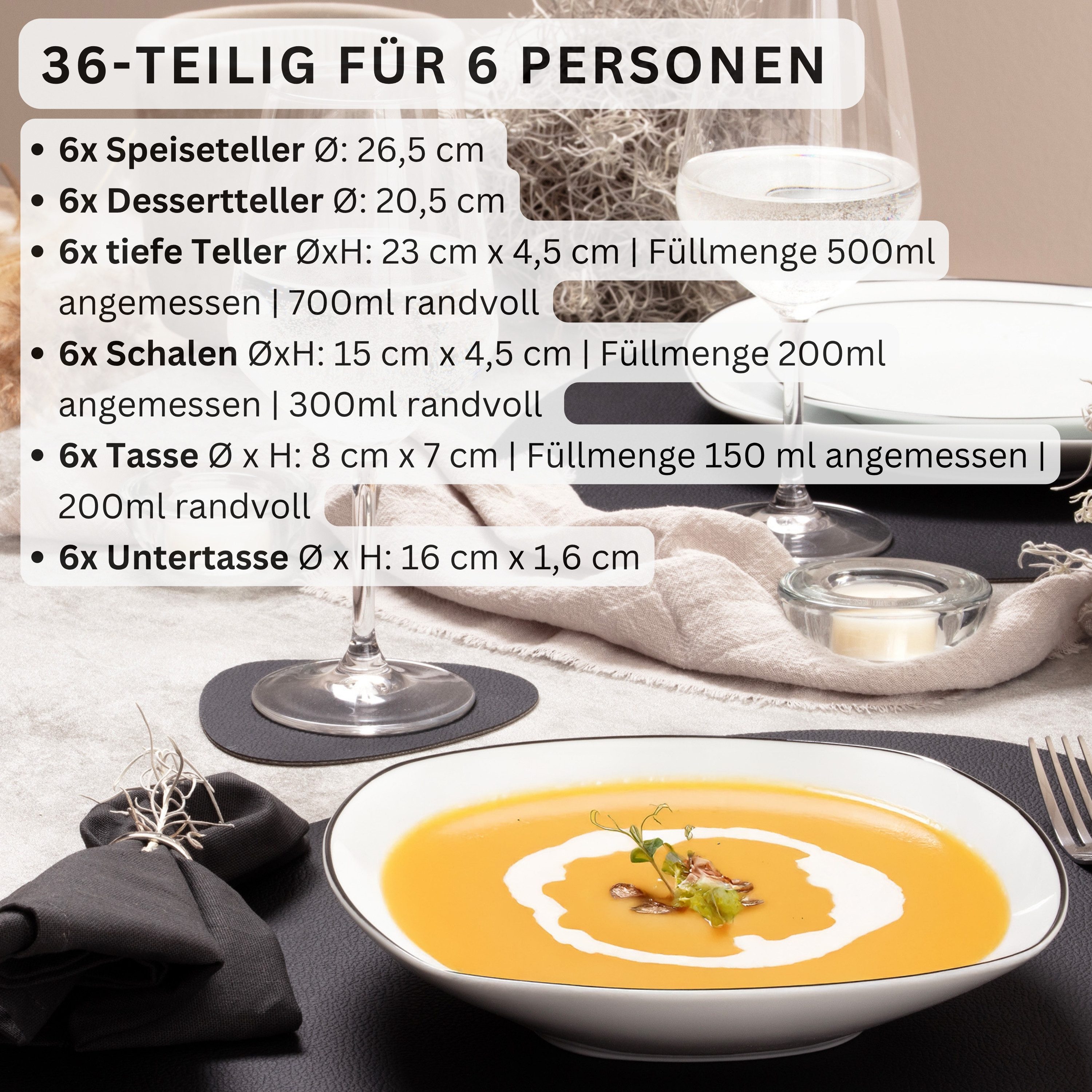 SÄNGER Kombiservice Bilgola Black Rim Geschirrset (36-tlg), 6 Personen, Porzellan, spülmaschinengeeignet, Premium Collection