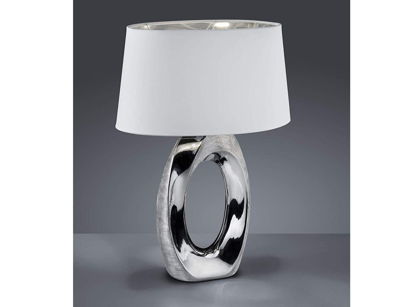 meineWunschleuchte LED Tischleuchte, LED wechselbar, Warmweiß, große ausgefallen-e Design-er Lampe mit Stoff Lampenschirm Weiß Silber