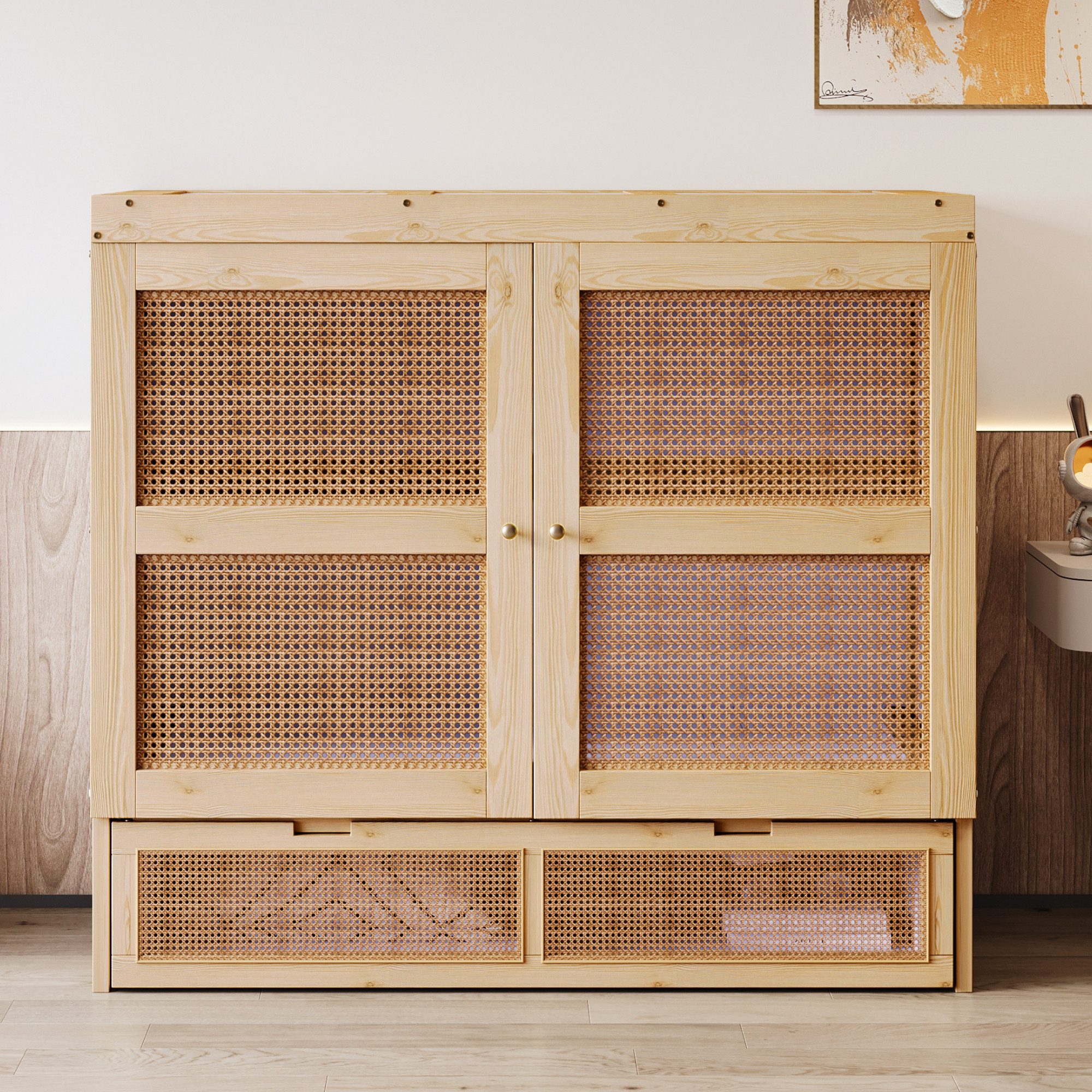 Odikalo Polsterbett Jugendbett Schrankbett Stauraum Lattenrost Schubladen Rattan 140x200cm