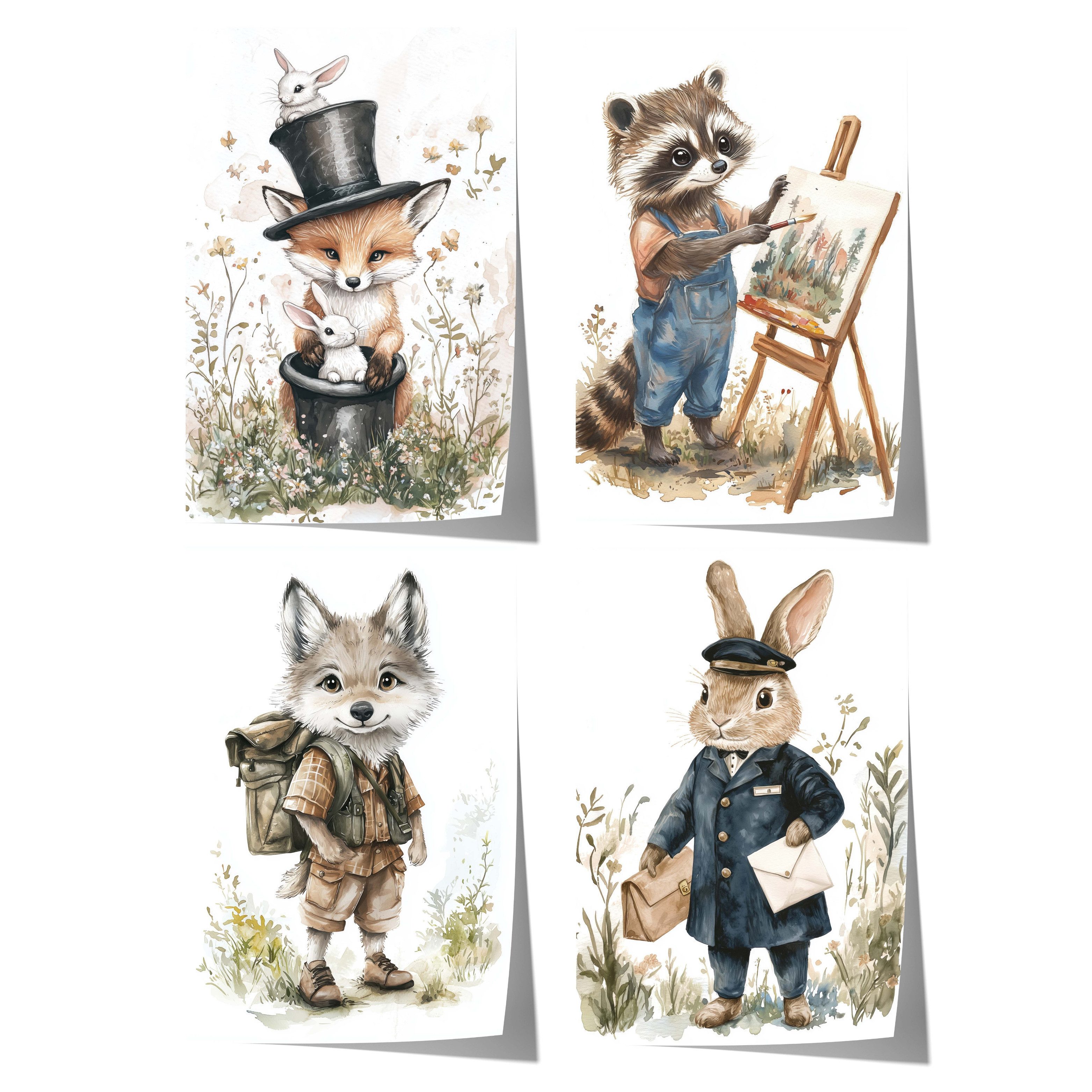JUSTGOODMOOD Poster Süße Waldtiere Geschenkidee Aquarell Fuchs Waschbär Wolf und Hase llus, D (1 St)