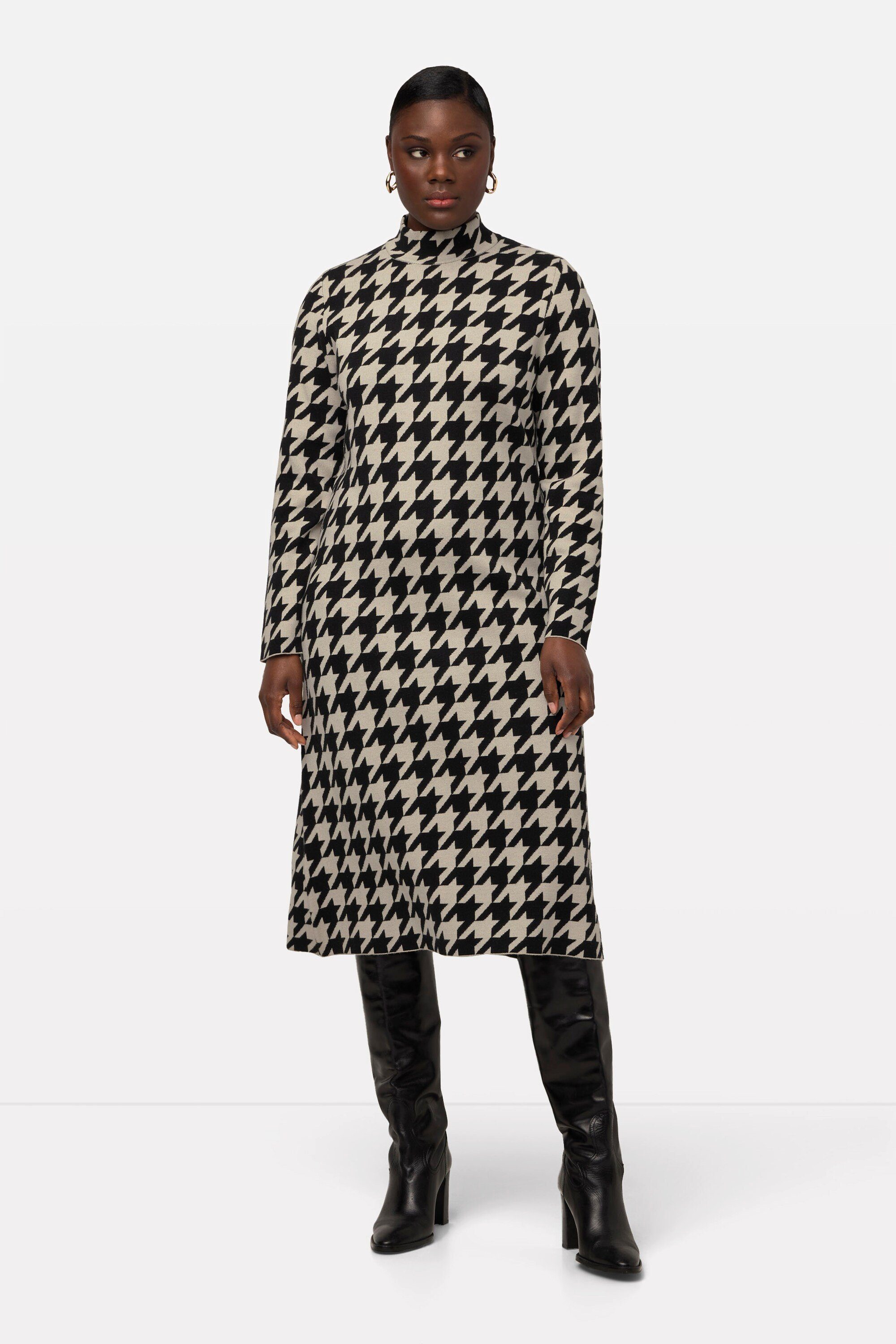 Midikleid Strickkleid Hahnentritt Stehkragen Langarm