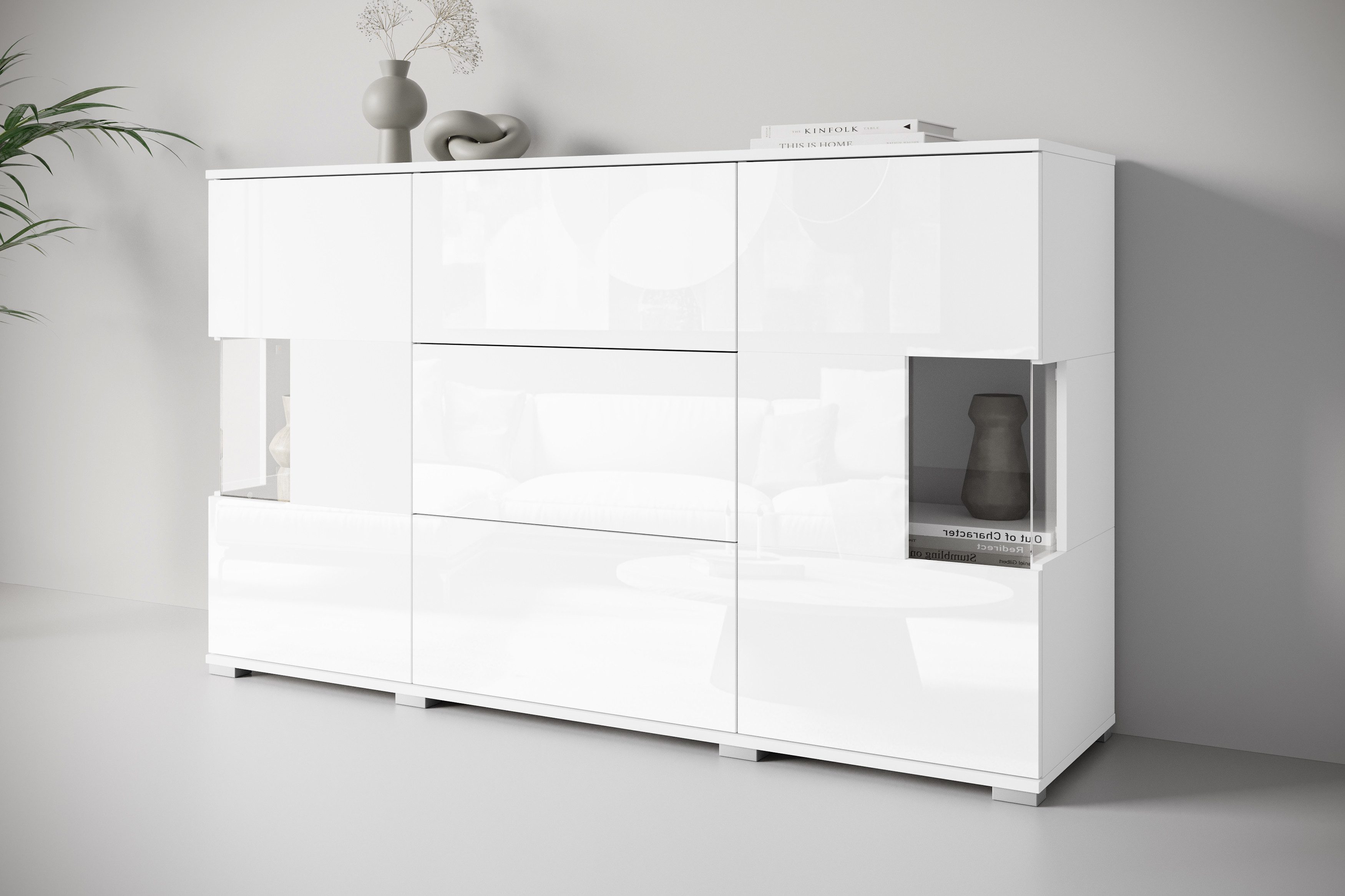 OTTO home Sideboard Kenia (1 St), Sideboard mit 3 Schubladen, 6 Fächern, Glastüren, Breite 150 cm