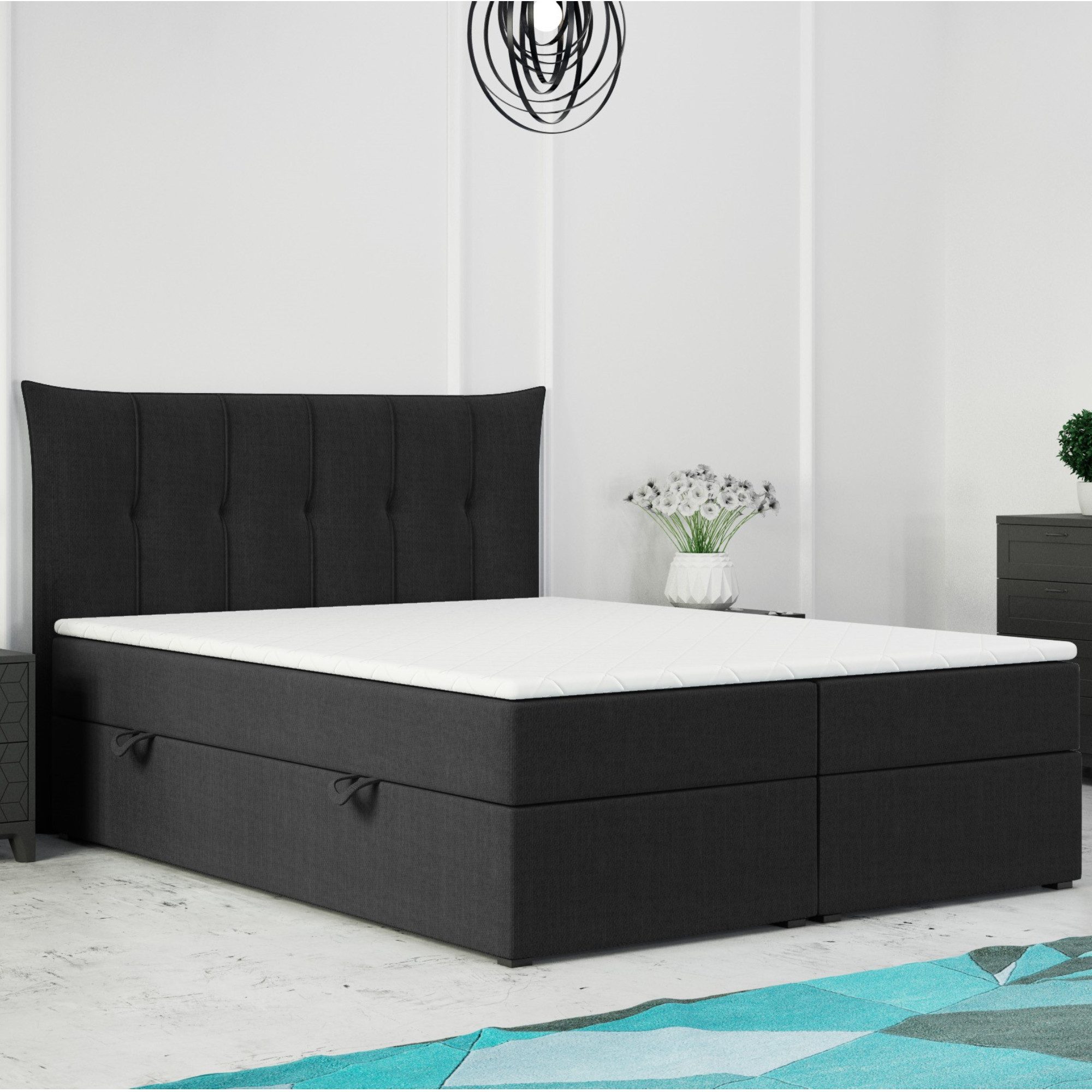 M-Punkt24 Boxspringbett Padua (Grau oder Schwarz, 180 x 200 cm), inkl. Bettkasten und Visco Topper, inklusive Matratze