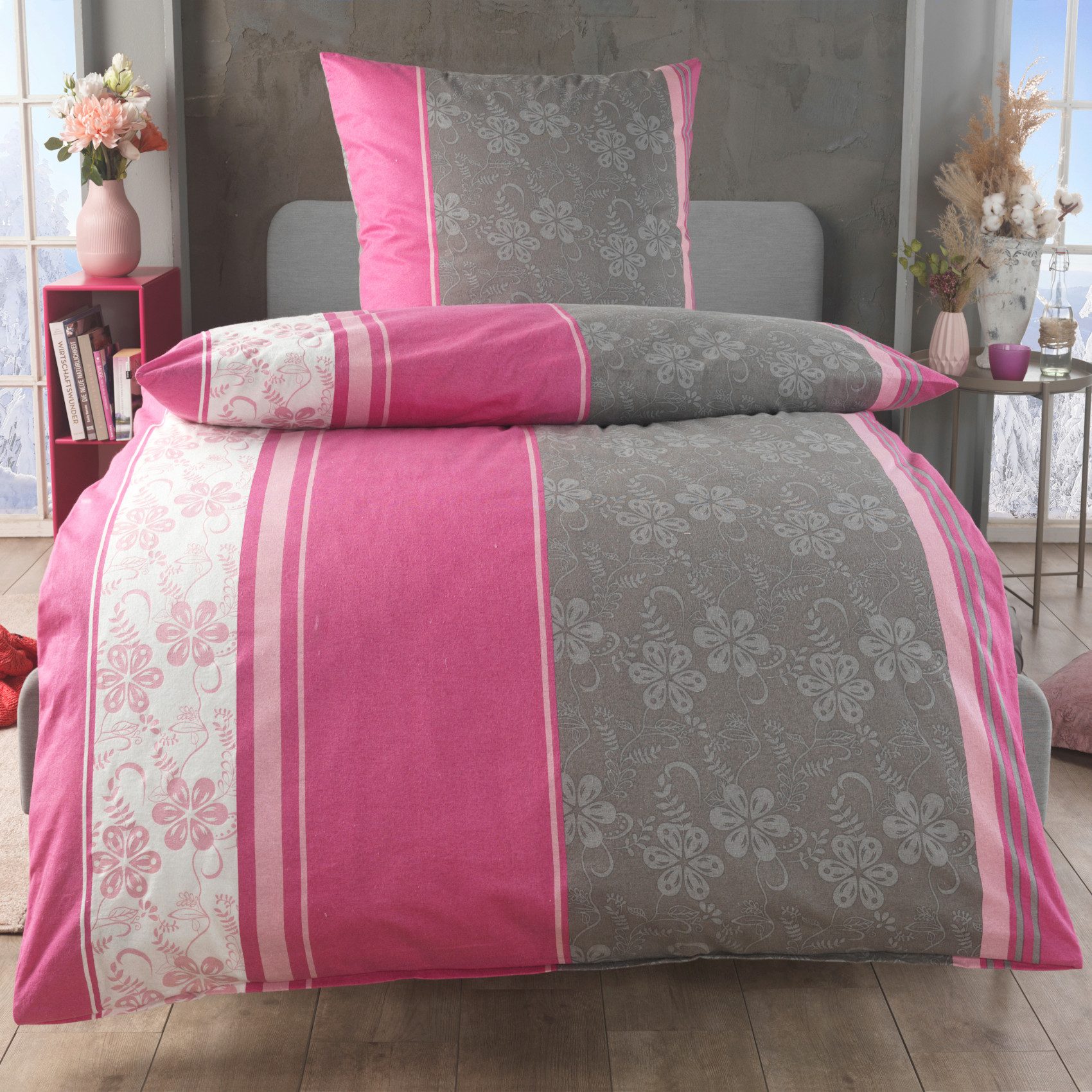 Malika Bettwäsche aus 100 % Baumwolle, 135x200 + 80x80 cm, Grau-Rosa, Blume, Baumwolle, 2 teilig, Für Allergiker geeignet, pflegeleicht, angenehm weicher Stoff