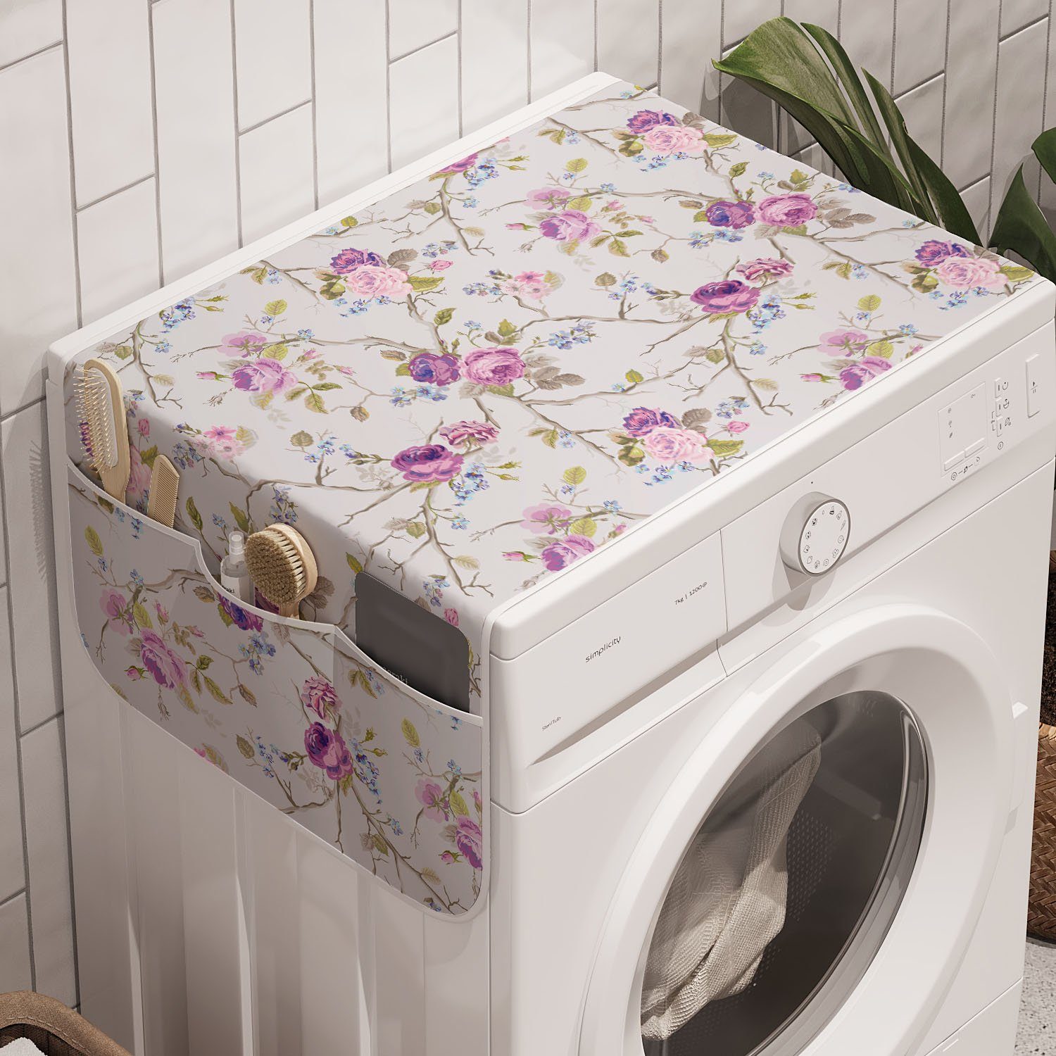Waschmaschine und Pastellblumen Rose Badorganizer Vintage Anti-Rutsch-Stoffabdeckung für Abakuhaus Weiche Trockner,