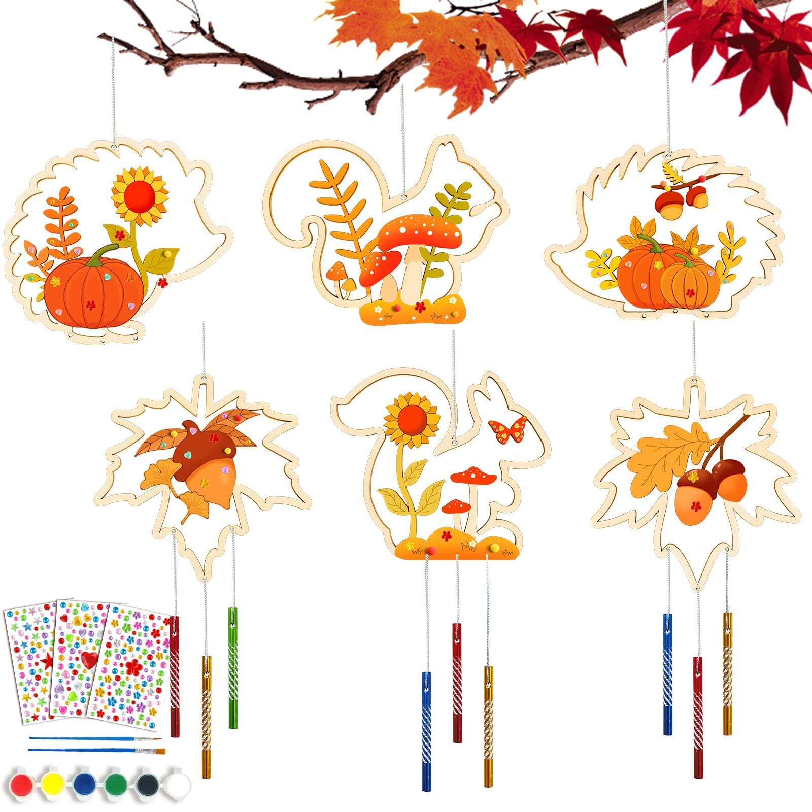 FOUORTUNATE-BEE Kreativset 12-teiliges Herbst-Bastelset für Kinder, DIY-Windspiele aus Holz, (Herbstdeko mit Igel- und Ahornblatt-Motiven, ab 3 Jahren, 12-tlg)