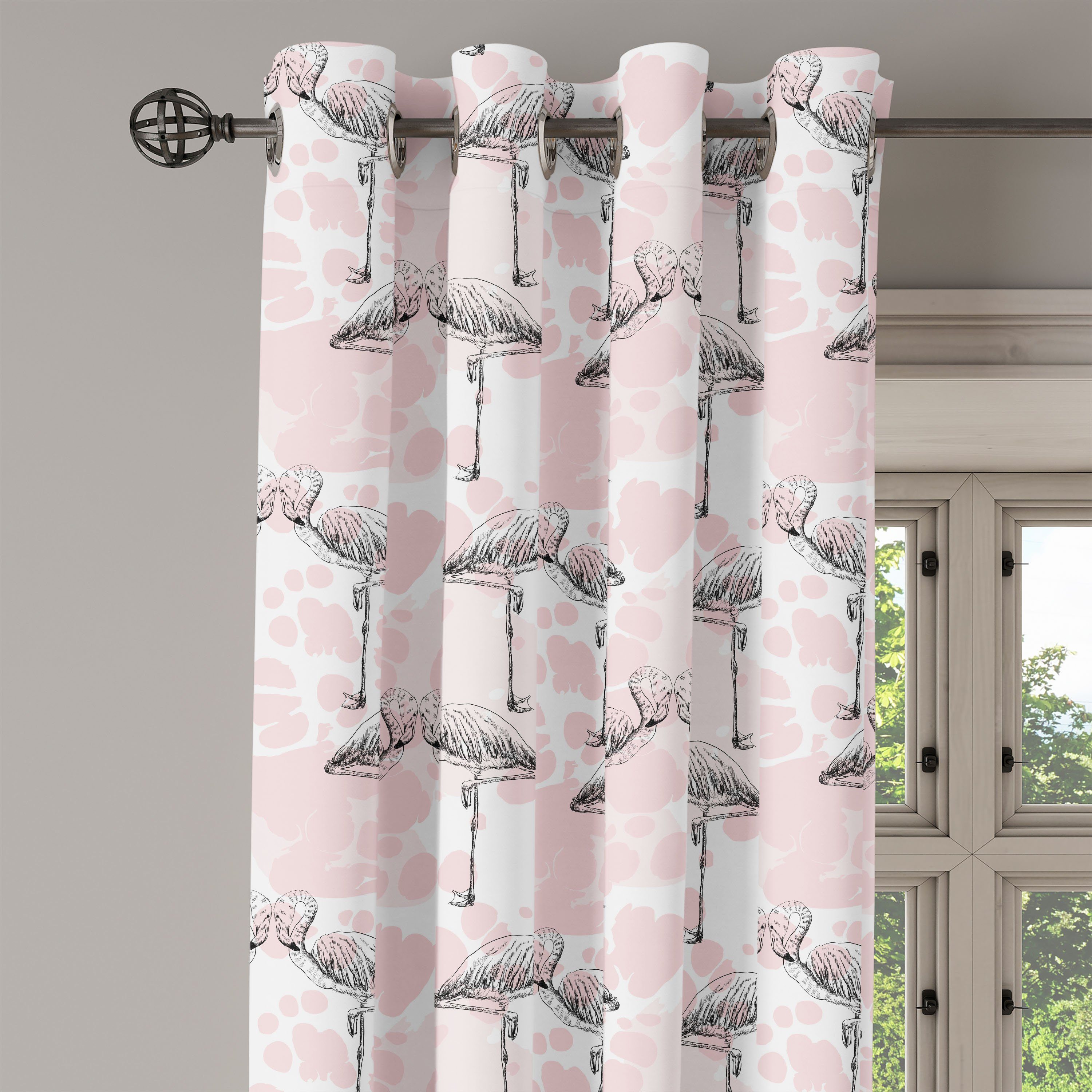 Gardine Dekorative 2-Panel-Fenstervorhänge Flamingo Valentines für Abakuhaus, Schlafzimmer Wohnzimmer, Herz-Liebe