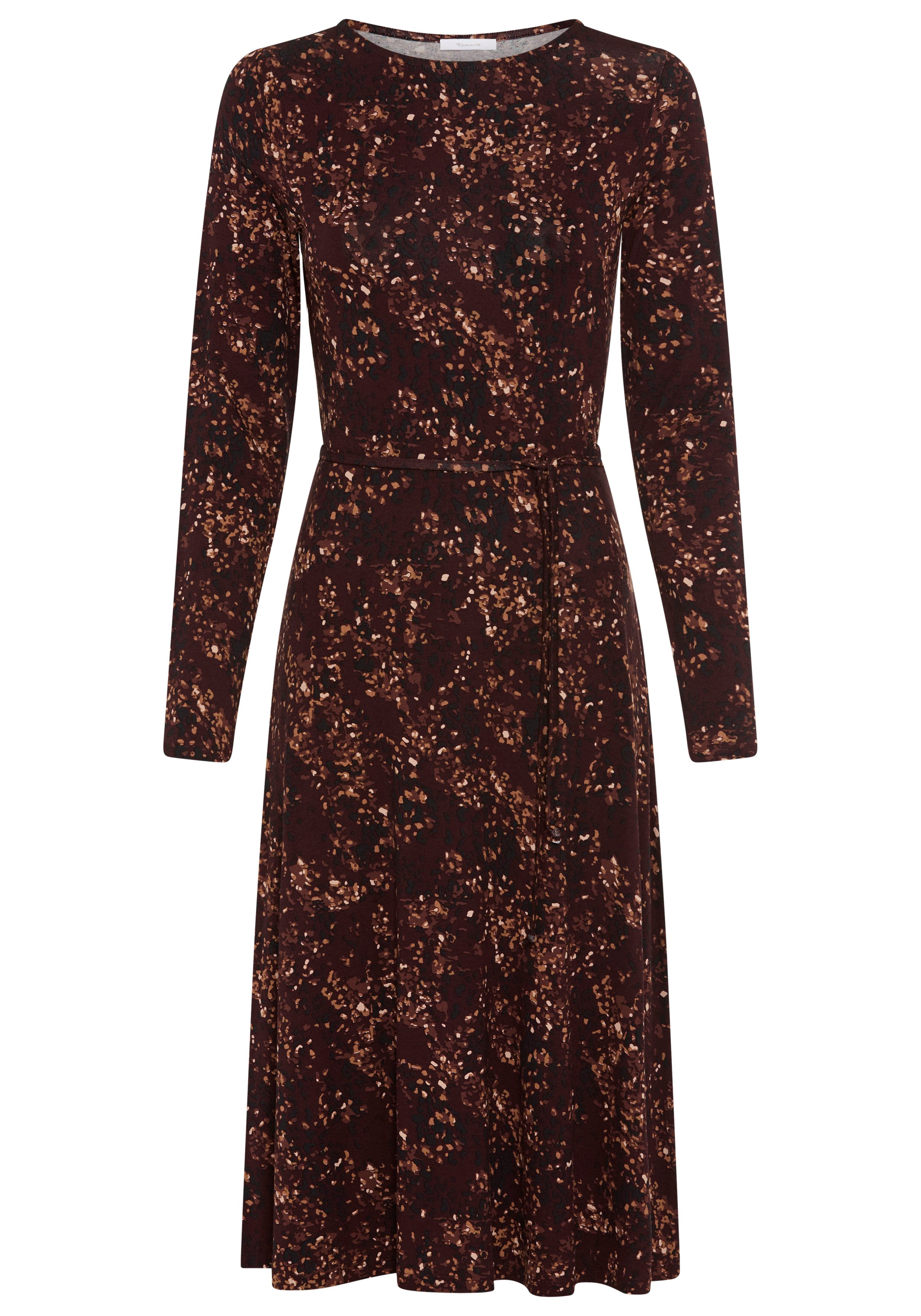 Tamaris Midikleid mit taillierter Passform, kniebedeckende Länge, aus Jersey mit femininem Muster
