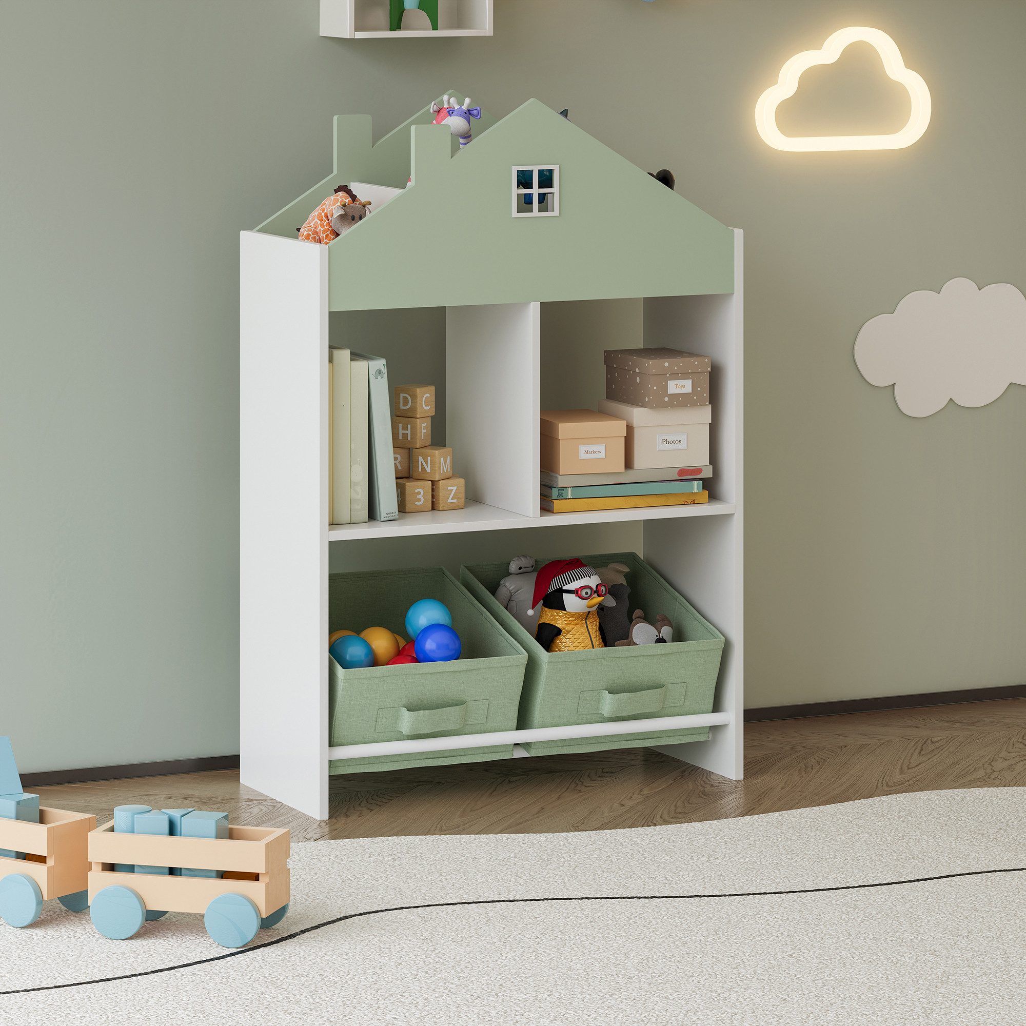 en.casa Kinderregal, »Vipsali« mit 2 Faltboxen Haus-Optik 90x60x27cm Mintgrün/Weiß