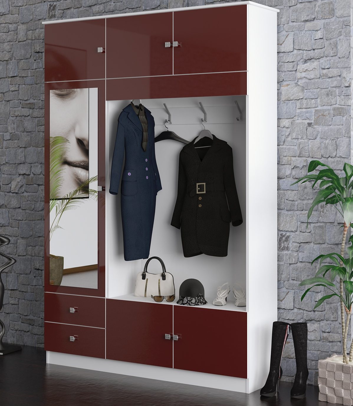 Garderobe KOMPAKTA in weiß-bordeaux