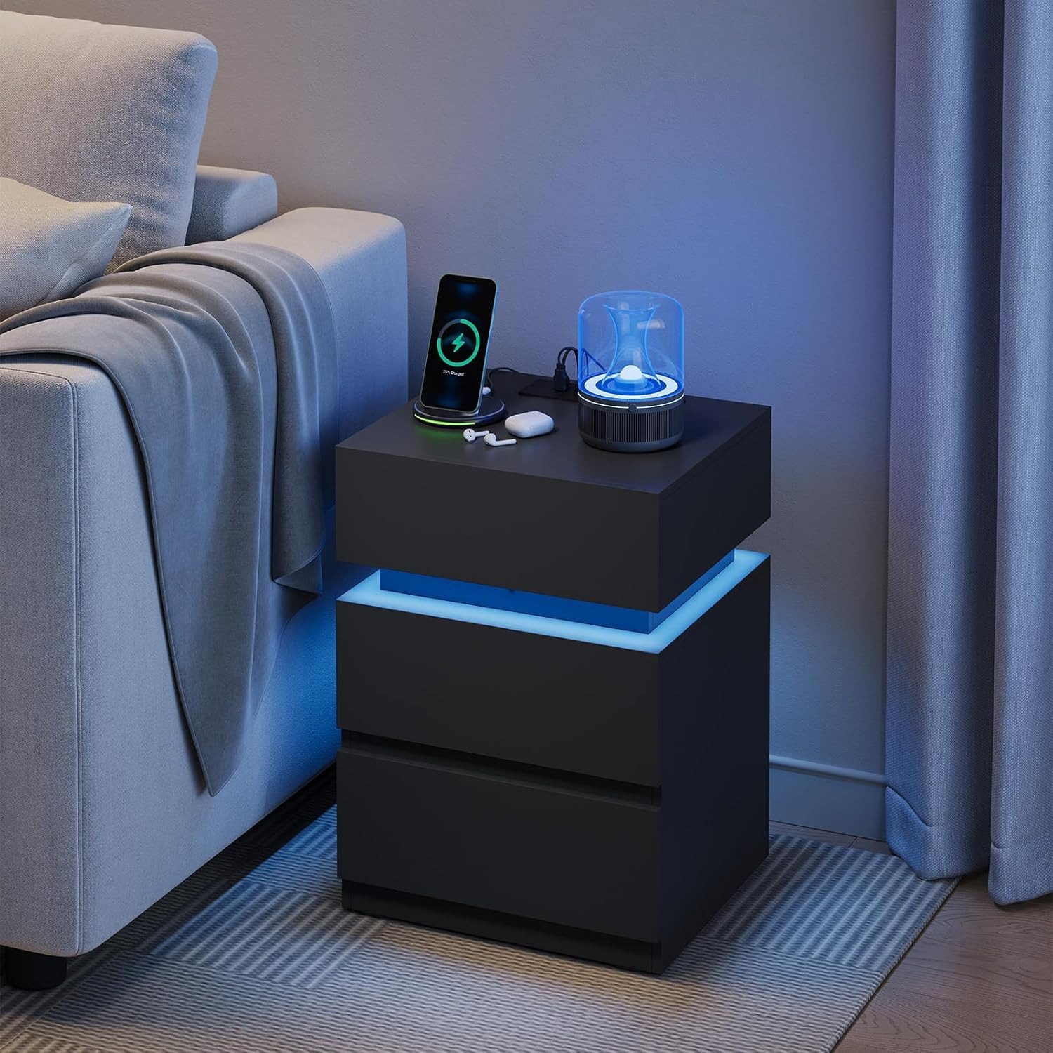 Woltu Nachttisch (1-St), Nachtschrank mit integrierter Steckdosenleiste, schwarz