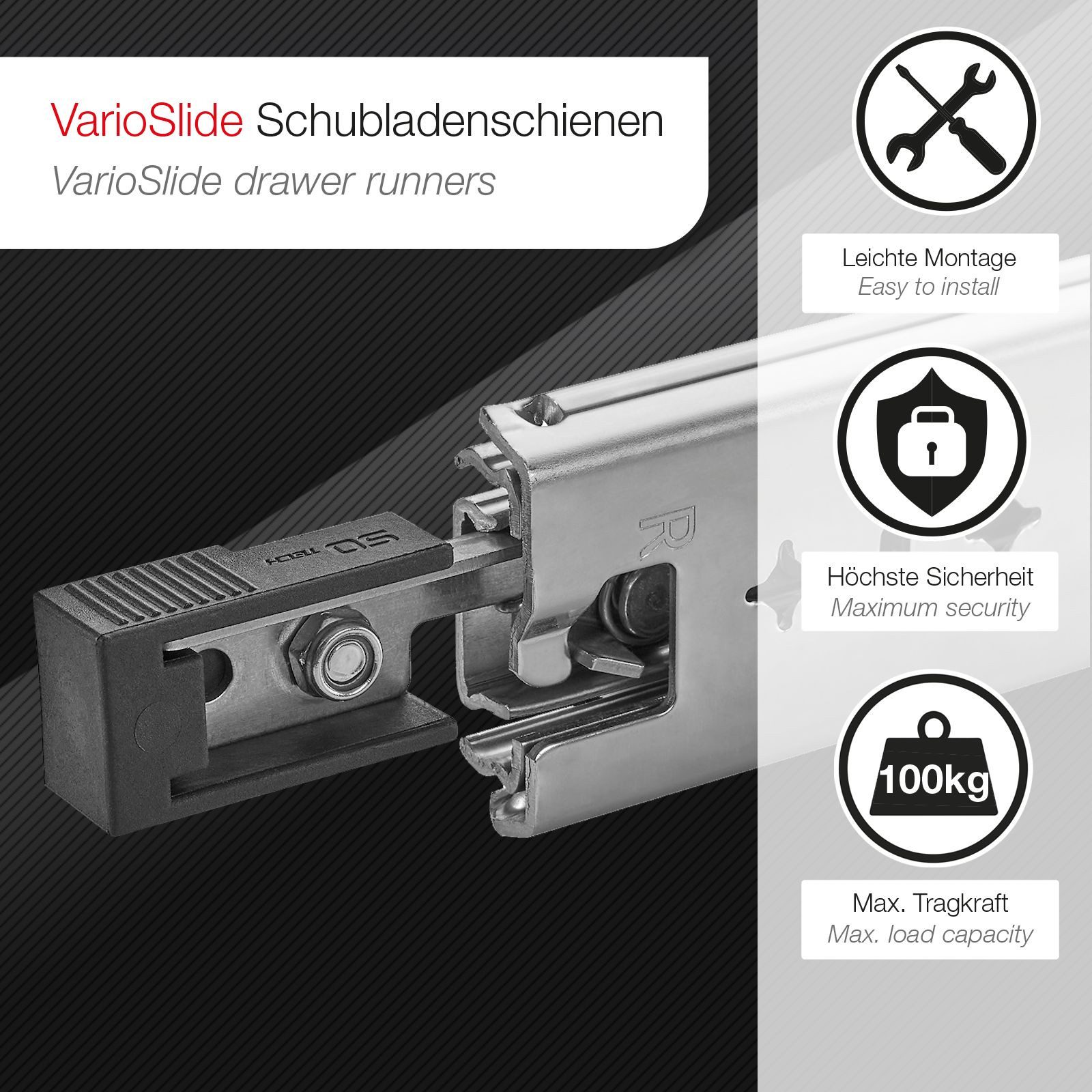 SO-TECH® Auszug Schwerlastauszug 100 kg mit Lock-in/out Einrastfunktion (2 St), schwarzer Hebel, VarioSlide KV2-100-H53-L300-EH 300 mm