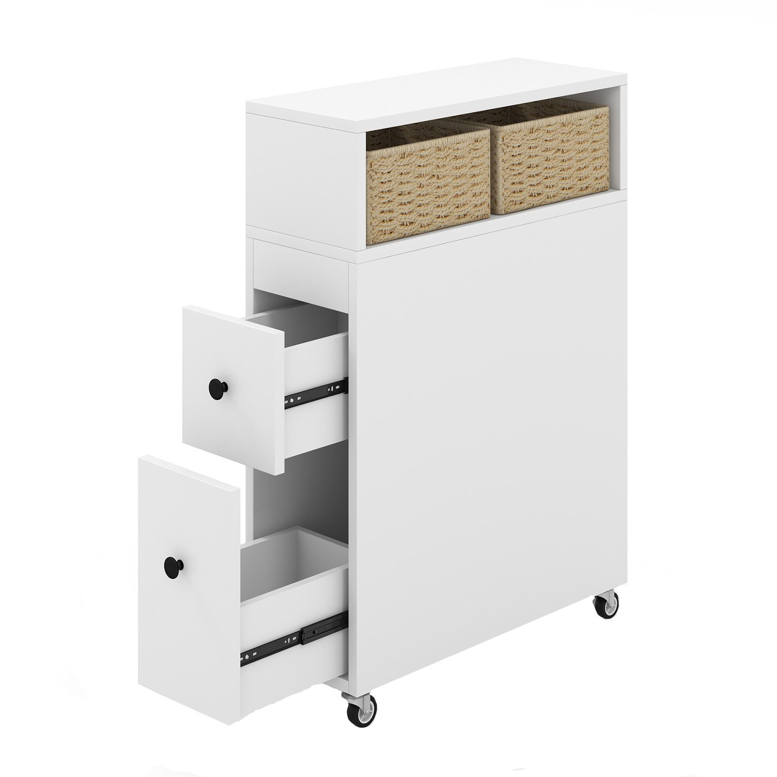 COSTWAY Badkommode, Nischenschrank, schmal, mit Rollen & Schubladen, weiß