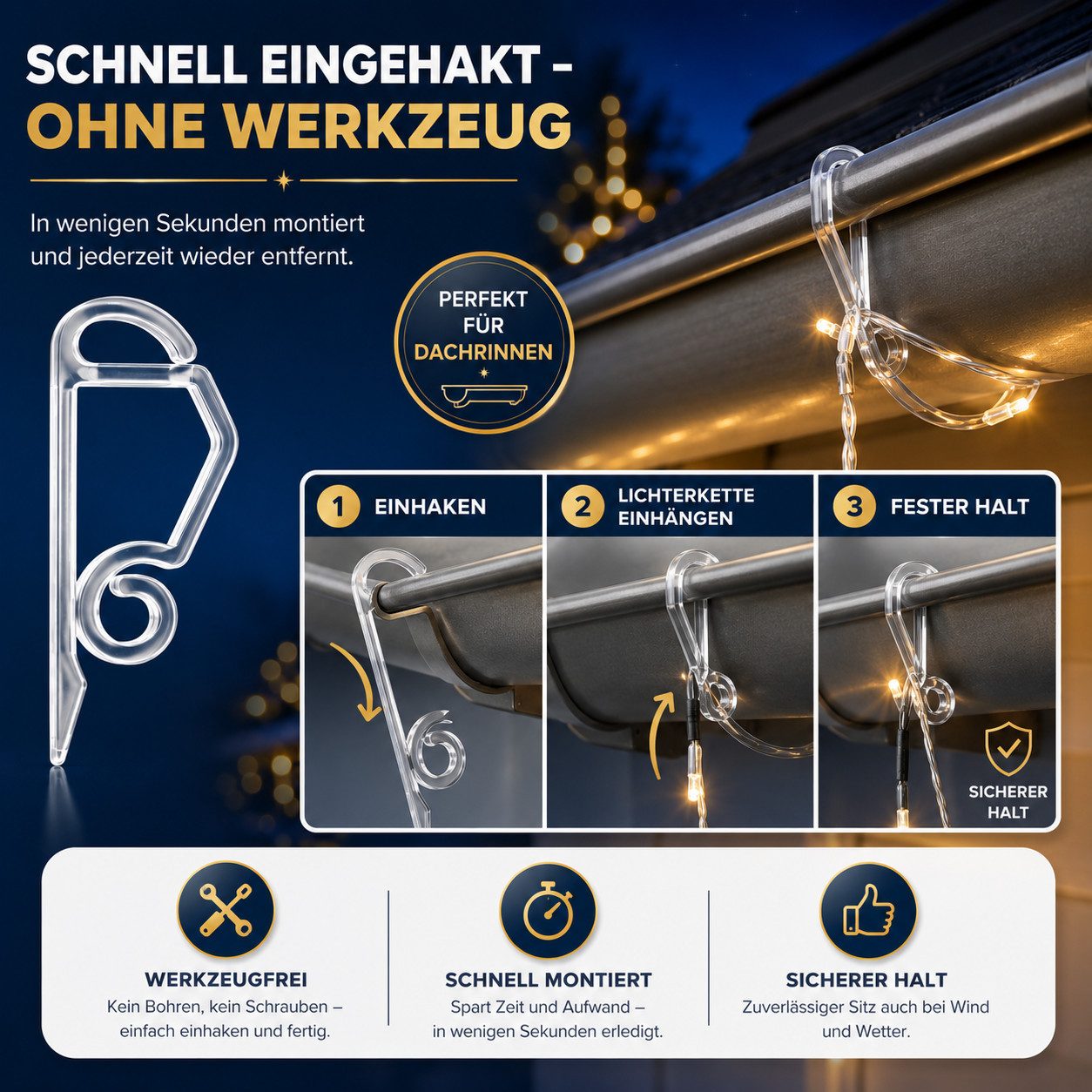 Weihnachtswunder® Dekohaken 50x Lichterketten Haken Halterung Befestigung Dachrinnenhaken Outdoor, (50er Set, 50-St., 50-teilig), flexibler Kunststoff
