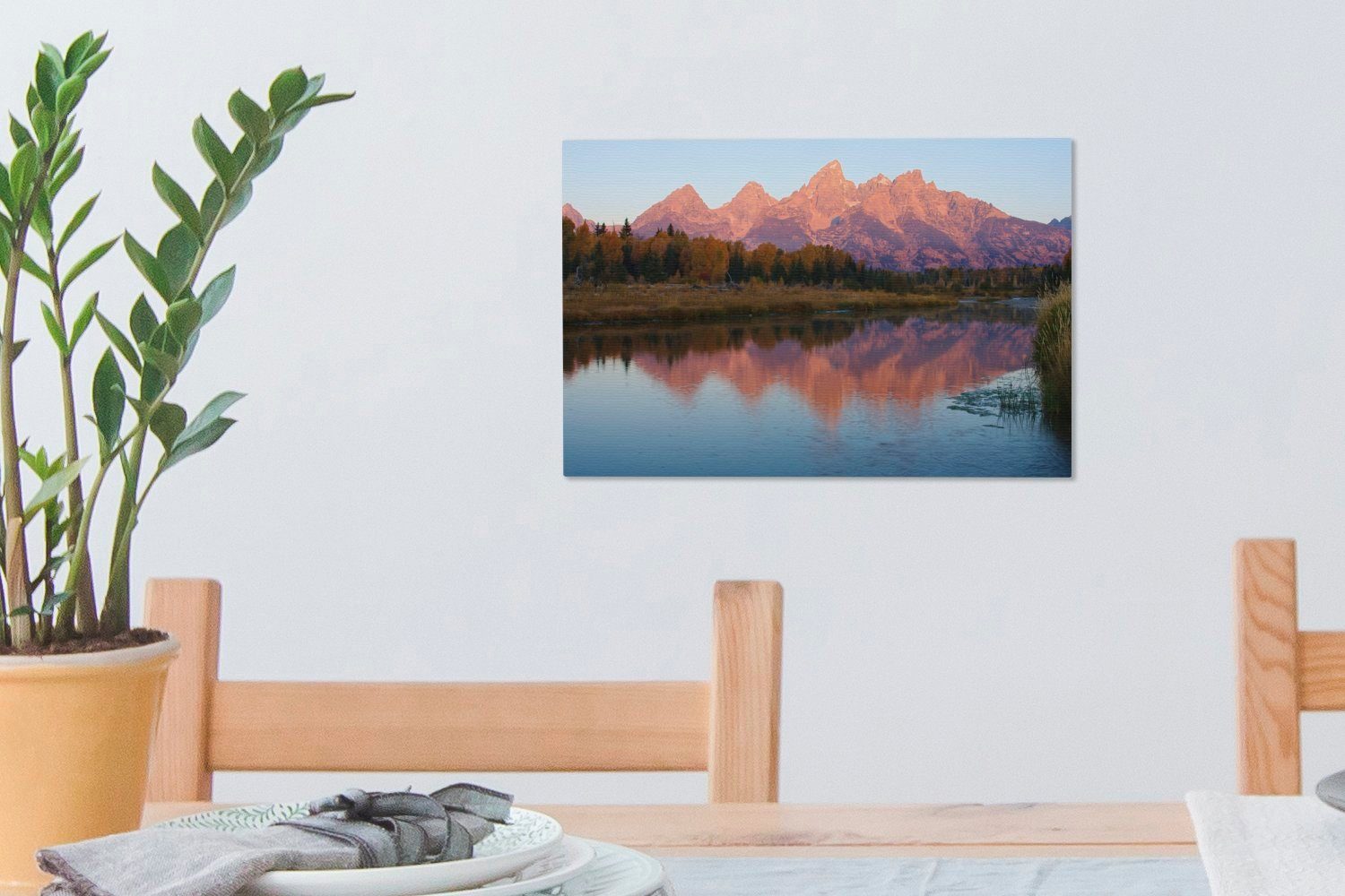 Wandbild in OneMillionCanvasses® Leinwandbild einem, Wanddeko, (1 Aufhängefertig, Teton spiegeln sich St), Die Leinwandbilder, 30x20 cm der Berge farbenfrohen Mountains