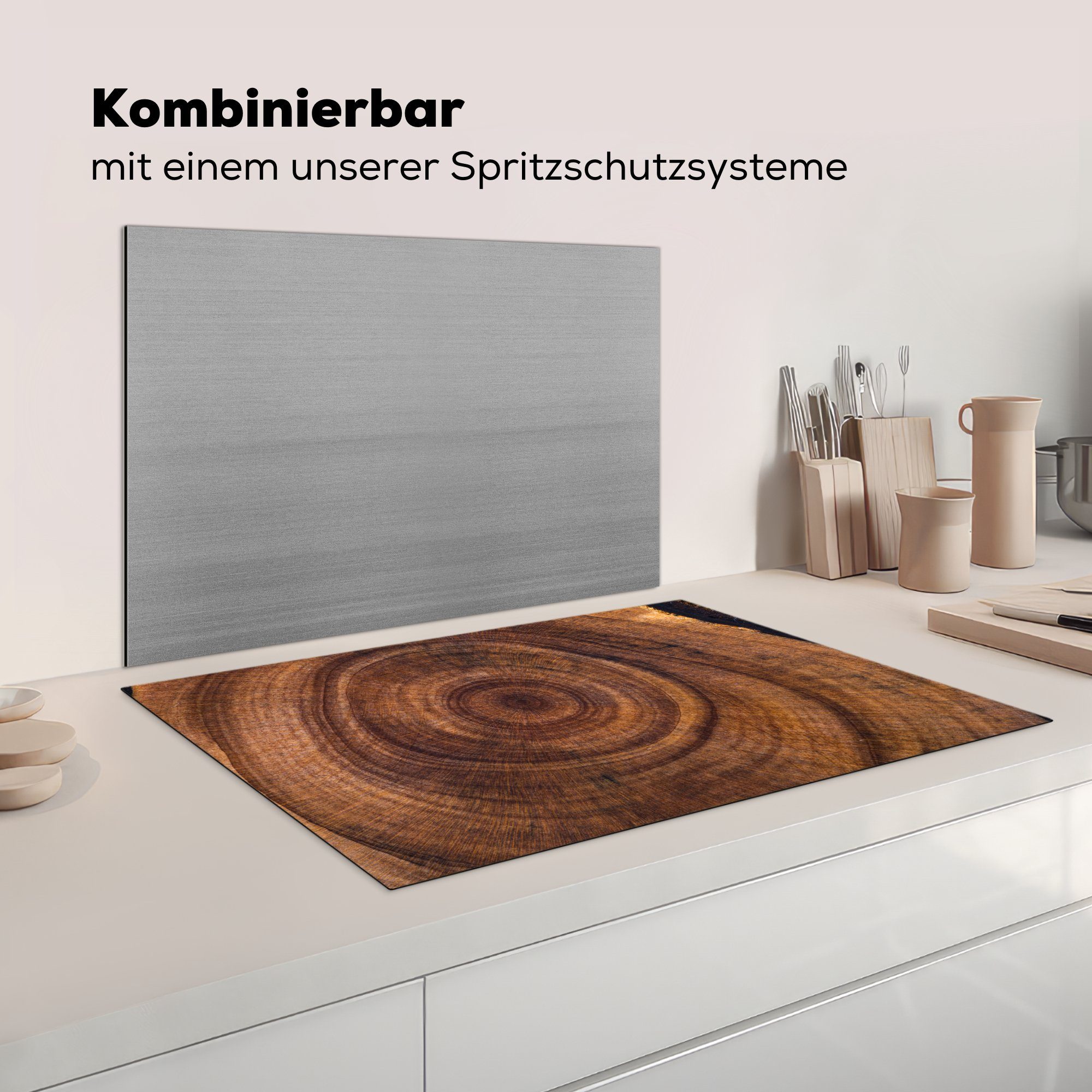 küche, - 81x52 tlg), Vinyl, - Kreis MuchoWow Holz cm, für (1 Schutz Ringe, Herdblende-/Abdeckplatte Ceranfeldabdeckung die Induktionskochfeld