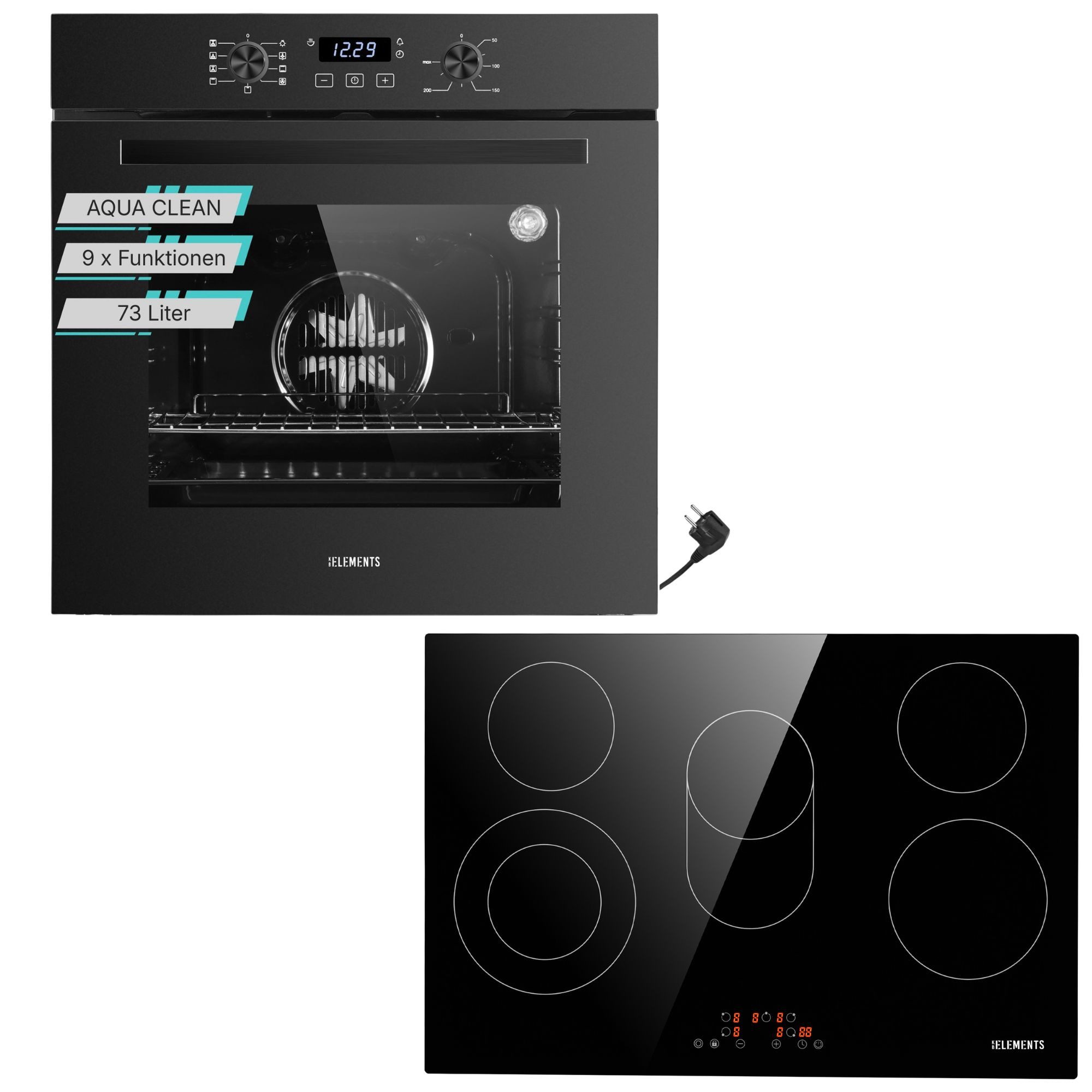 KB Elements Elektro-Herd-Set Einbaubackofen 60 cm mit 5-Zonen Glaskeramik Kochfeld 77 cm, AQUA CLEAN, Aqua Clean, Circle Fan Heater, Flexzone
