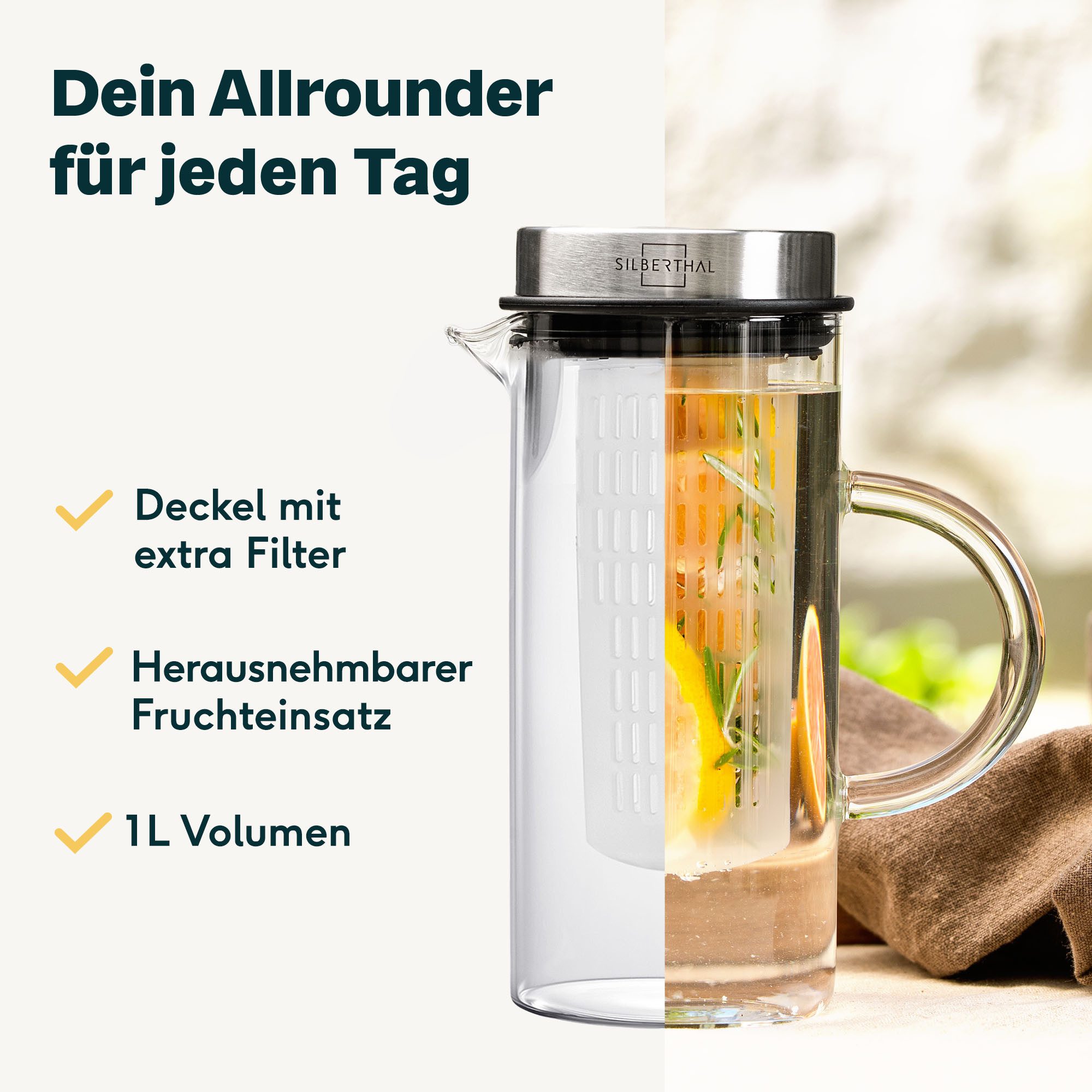 SILBERTHAL Wasserkaraffe aus Glas mit Deckel, (1-tlg), für Kalt- & Heißgetränke