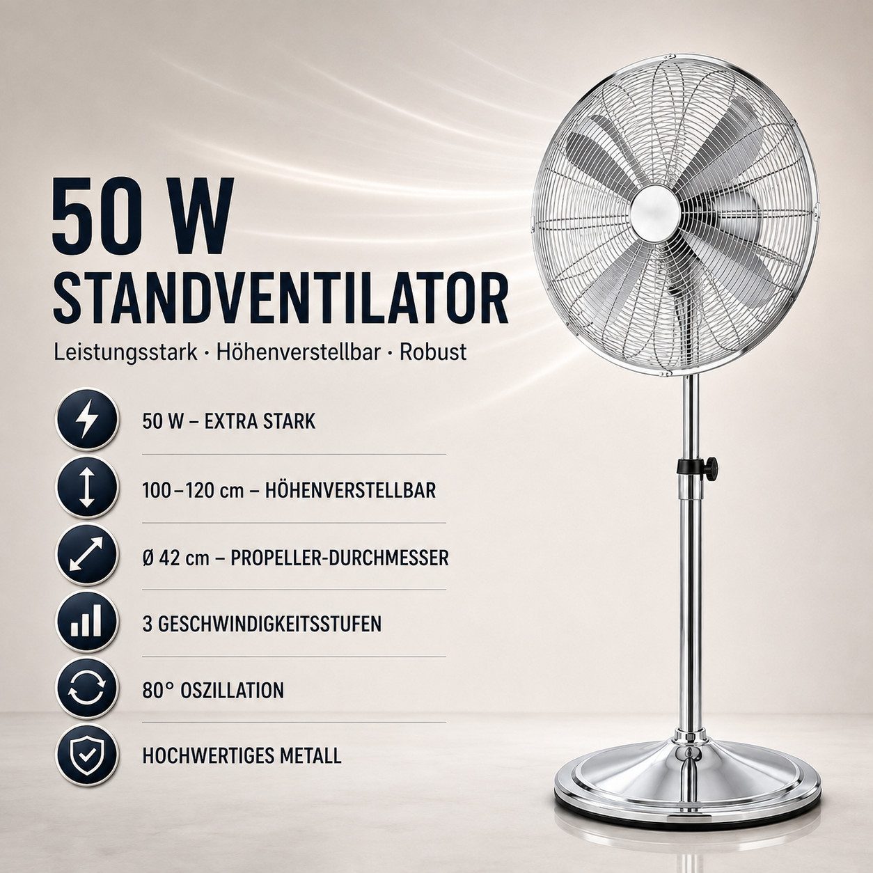 Ertex Standventilator Stand Ventilator 50W Metro 120cm Höhe Turmventilator Kühler EDELSTAHL