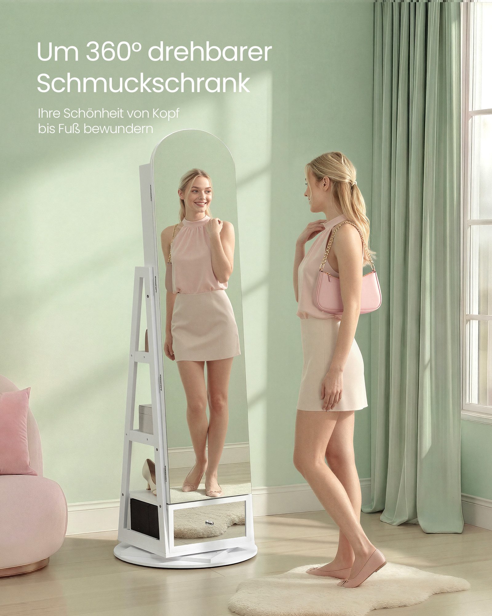 SONGMICS Schmuckschrank 360° drehbar, Schmuckaufbewahrung LED-Beleuchtung, Ganzkörperspiegel Ganzkörperspiegel Schublade Innenspiegel Vergrößerungsspiegel