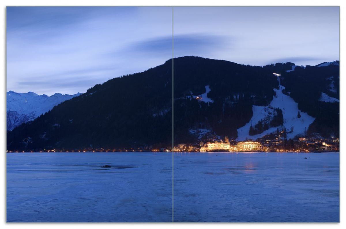 Wallario Herd-Abdeckplatte Schneepanorama Österreich - Zeller See am Abend, ESG-Sicherheitsglas, (Glasplatte, 2 tlg., inkl. 5mm Noppen), verschiedene Größen