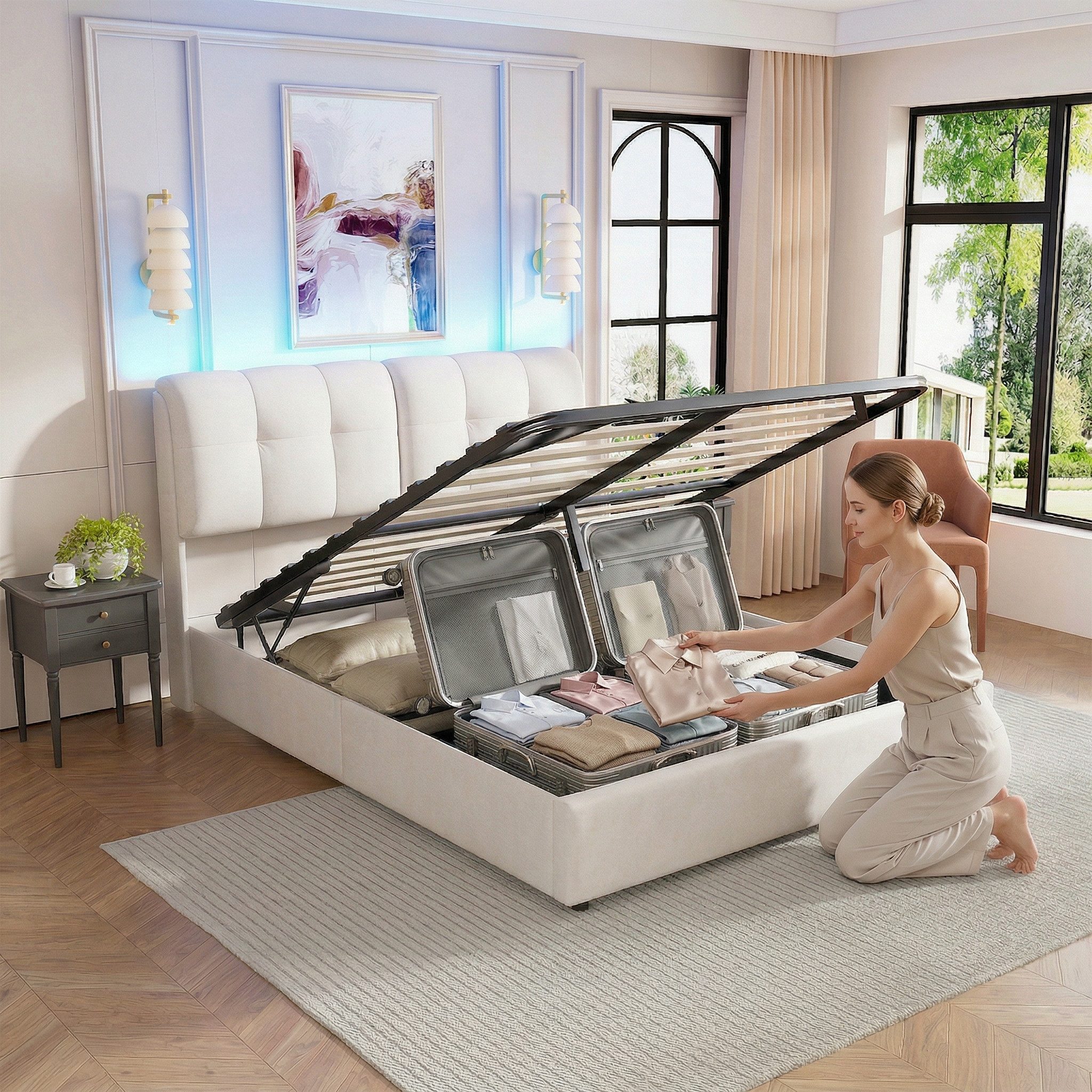 PXloue Stauraumbett Polsterbett mit Stauraum (Hochklappbares Bett 140x200 cm (Stimmungsvolles LED-Lichtband), Cremeweiß, mit stabilem Lattenrost & gepolstertem Kopfteil