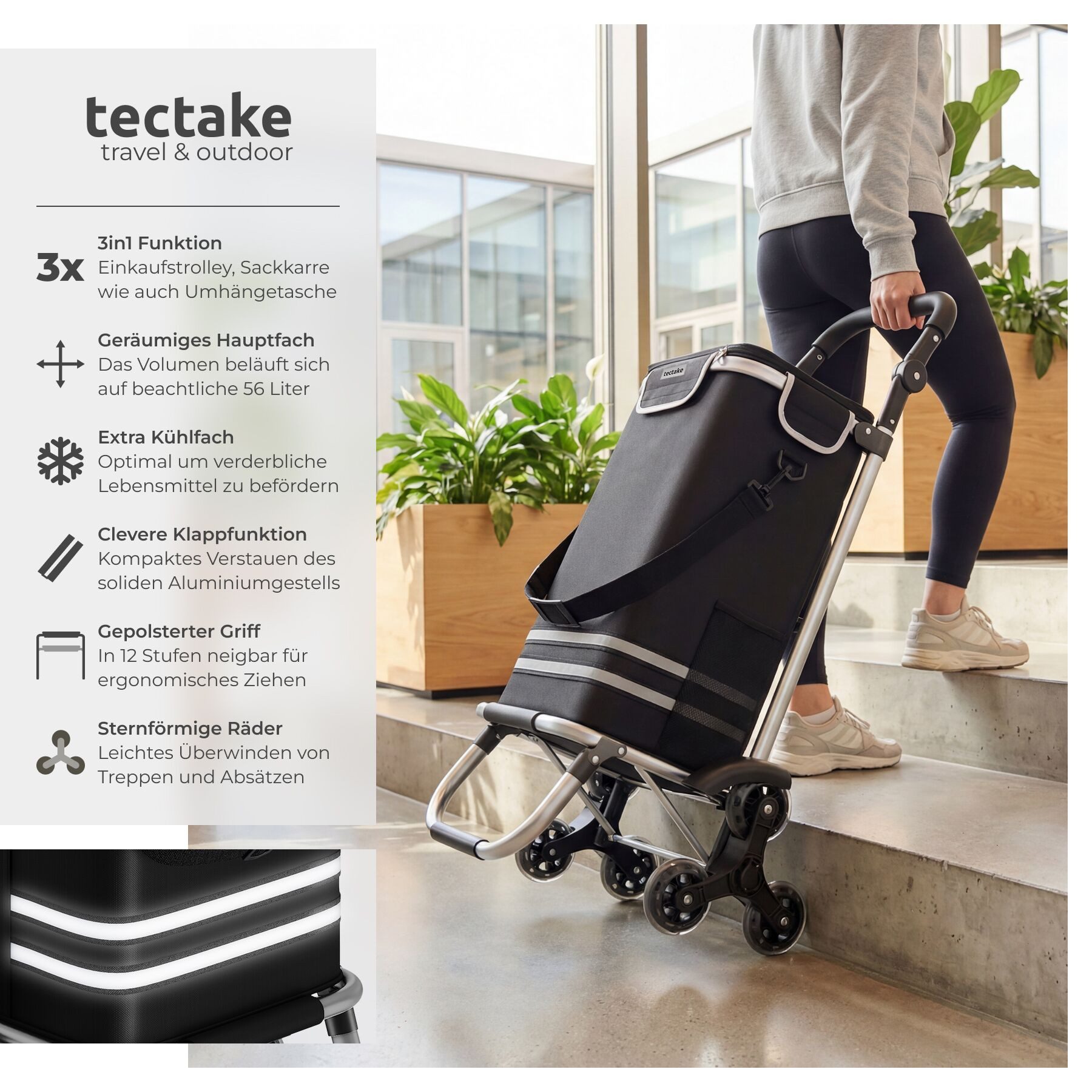 tectake Einkaufstrolley Einkaufstaschenwagen 3-in-1 Inkl. Kühltasche und, klappbares Aluminiumgestell mit abnehmbarem Bezug, verstellbar