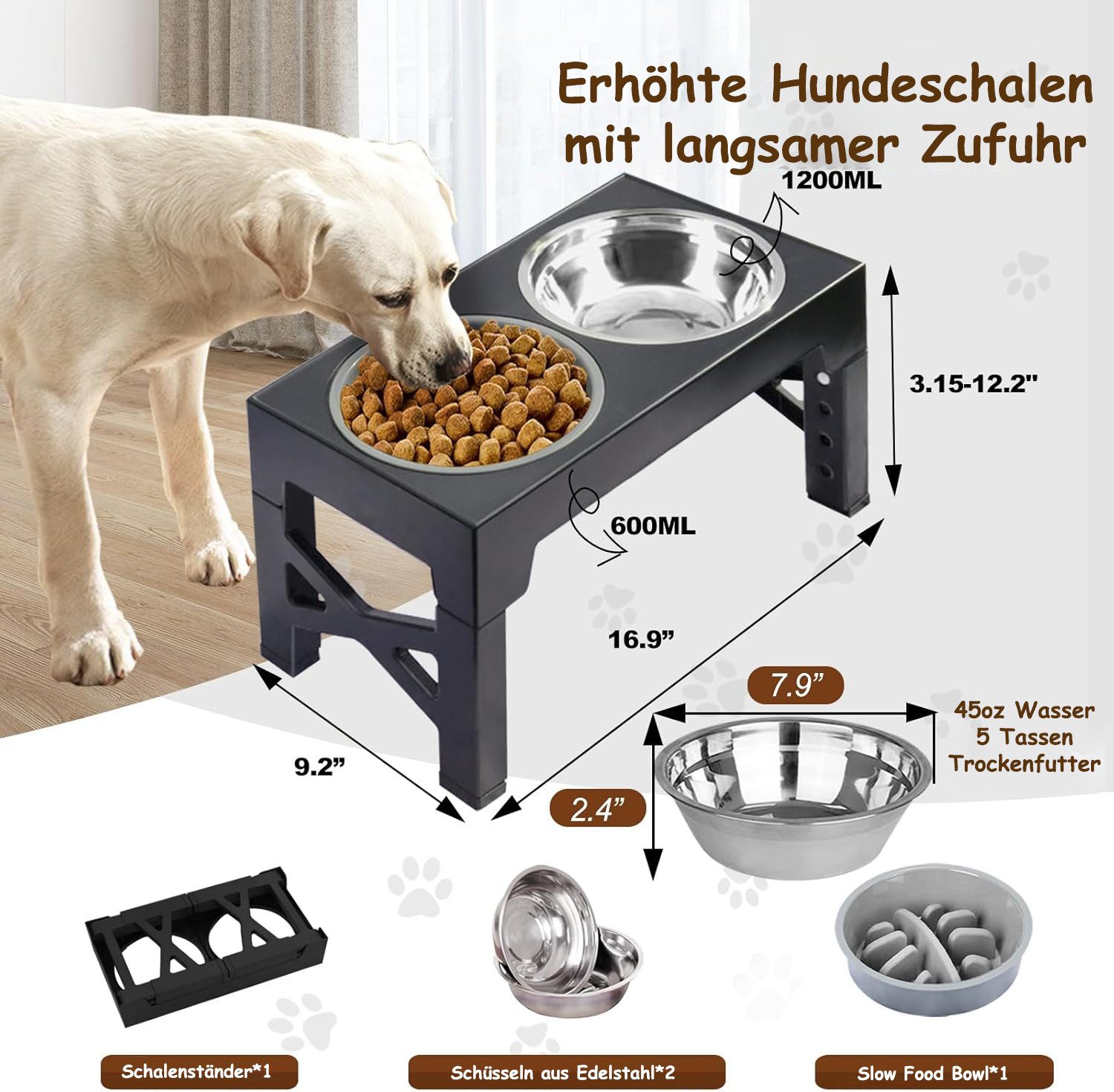 SinLaw Futternapf Höhenverstellbarer Futternapf für Haustiere mit Slow-Food-Napf, rostfreie Stähle, Silikon, höhenverstellbar