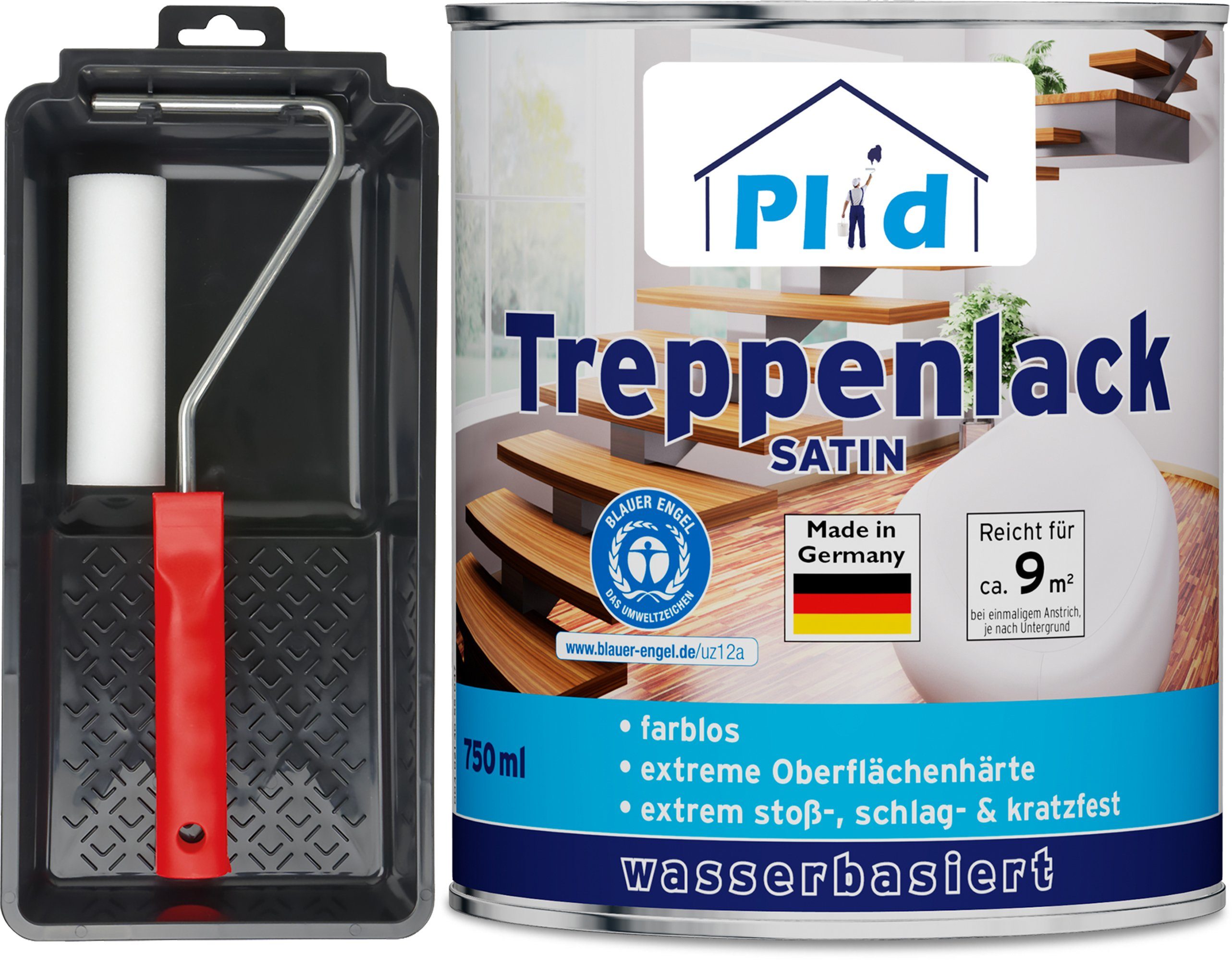 plid Treppen- und Parkettlack Premium Treppenlack Treppensiegel Klarlack Holzsiegel Set, Schnelltrocknend Farblos - Satin