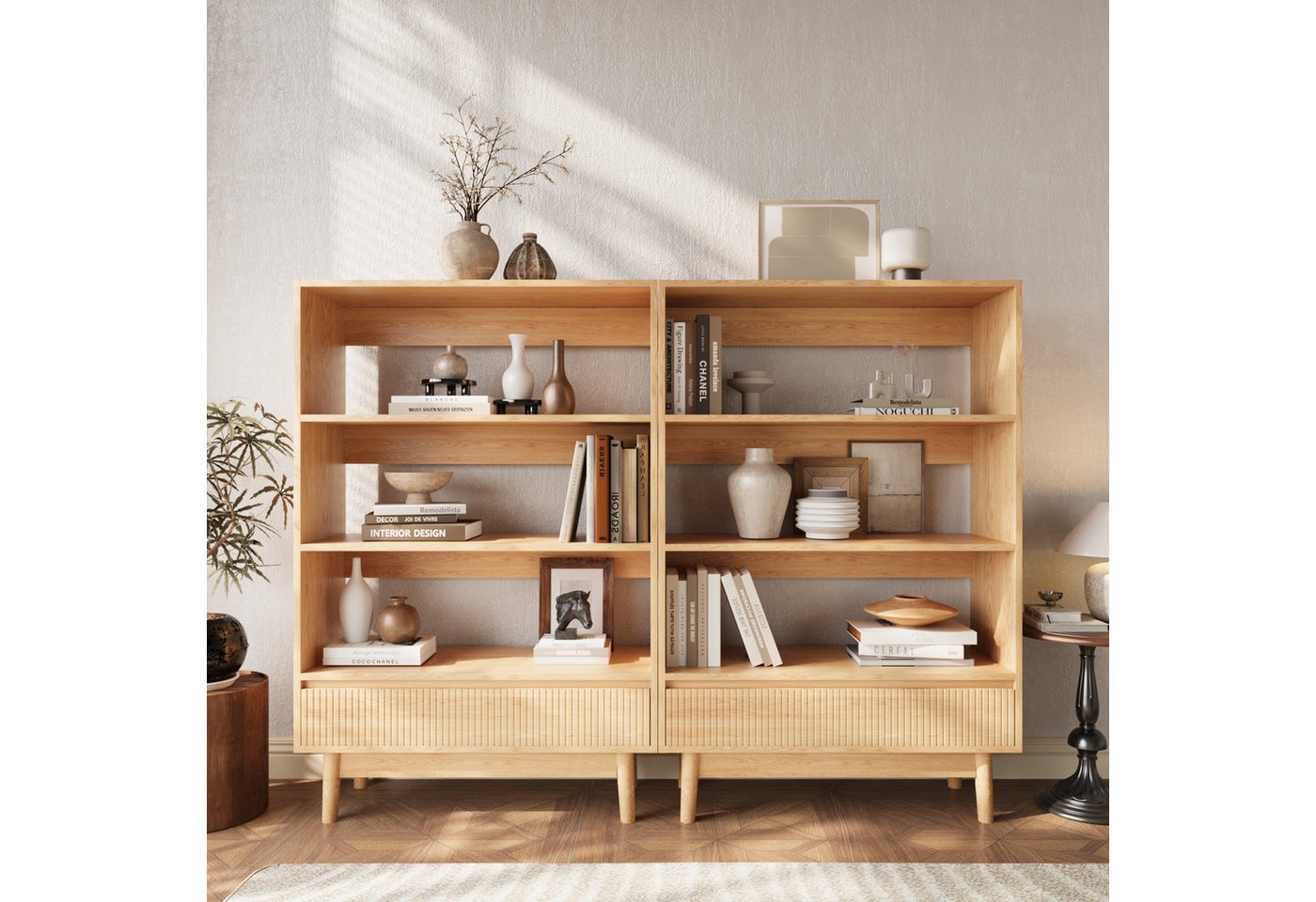 VOWNER Bücherregal mit Schublade, offenes Standregal, modernes Holzregal, 2-tlg., vielseitiges Aufbewahrungsregal, 3 Ebenen, Maße 160x120x30 cm