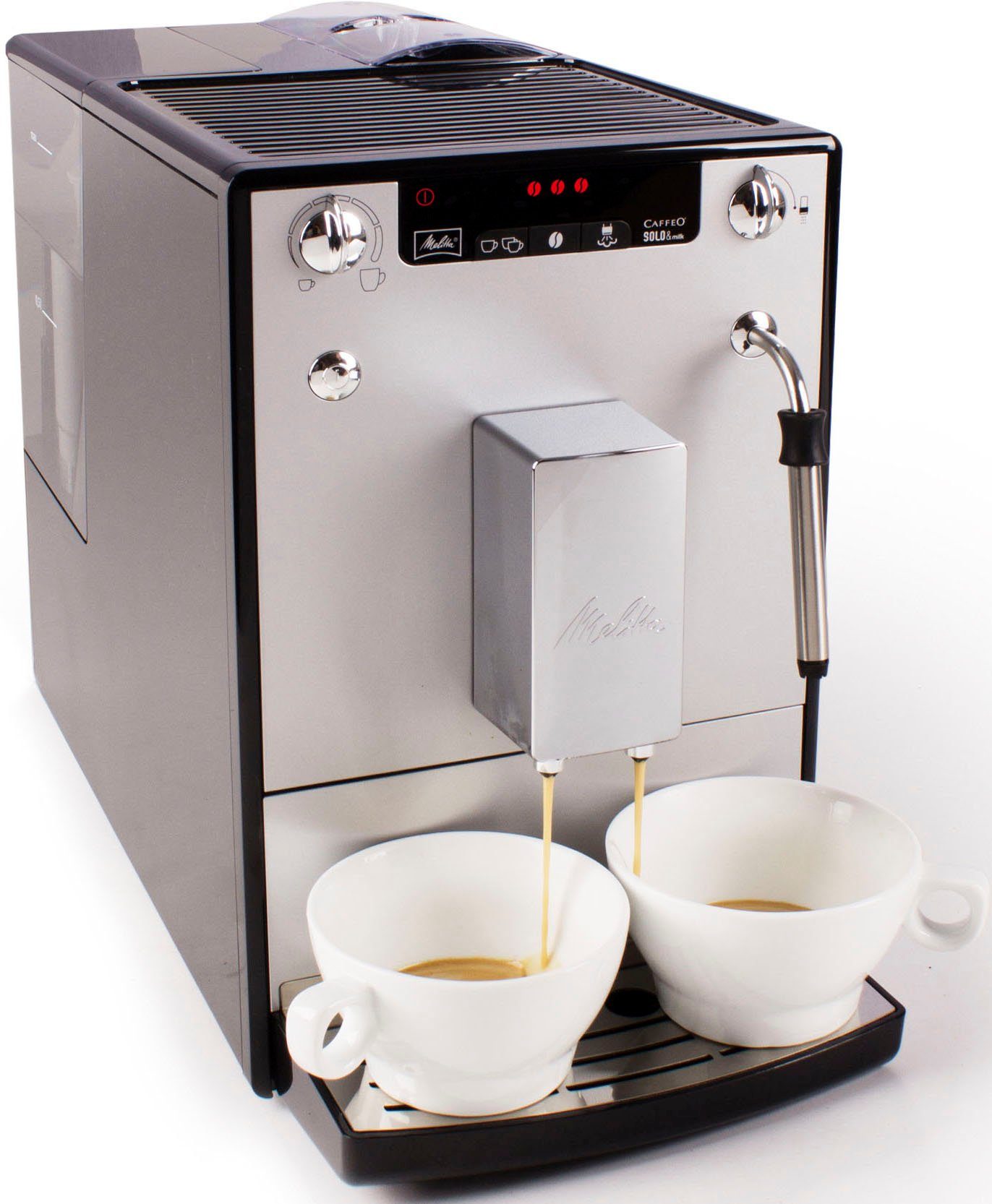 Melitta Kaffeevollautomat Solo® & Milk E953-202, silber/schwarz, Café crème  & Espresso per One Touch, Düse für Milchschaum, 2 Tassen zeitgleich  befüllen: Double Cup Mode